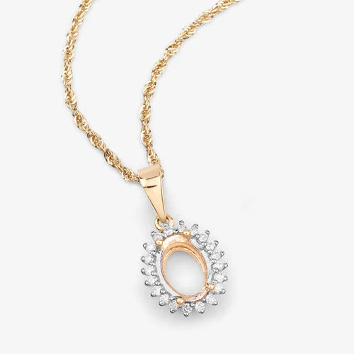 0.13 Carat Genuine White Diamond 14K Yellow Gold Semi Mount Pendant - holds 8x6mm Oval Gemstone - Image 9