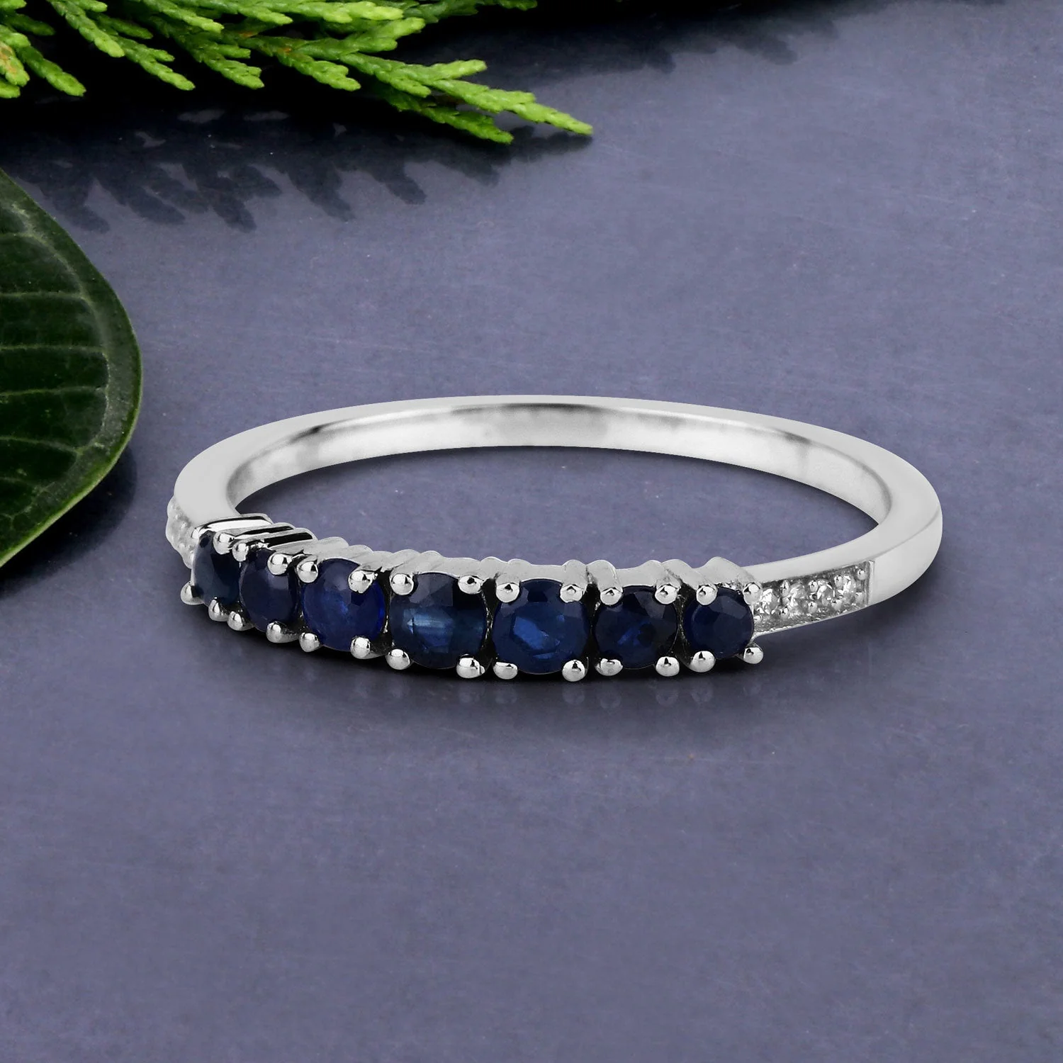 0.45 Carat Genuine Blue Sapphire and White Diamond 14K White Gold Ring - Image 4