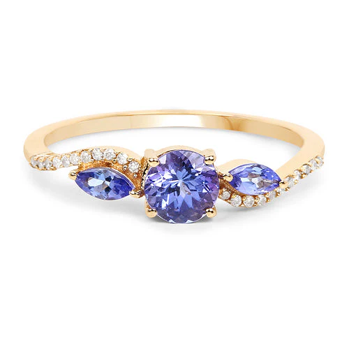 0.70 Carat Genuine Tanzanite and White Diamond 14K Yellow Gold Ring - Image 6