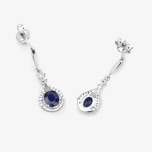 0.86 Carat Genuine Blue Sapphire and White Diamond 14K White Gold Earrings - Image 10