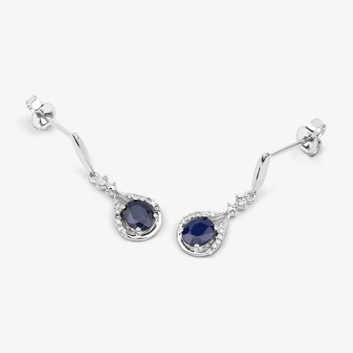 0.86 Carat Genuine Blue Sapphire and White Diamond 14K White Gold Earrings - Image 11