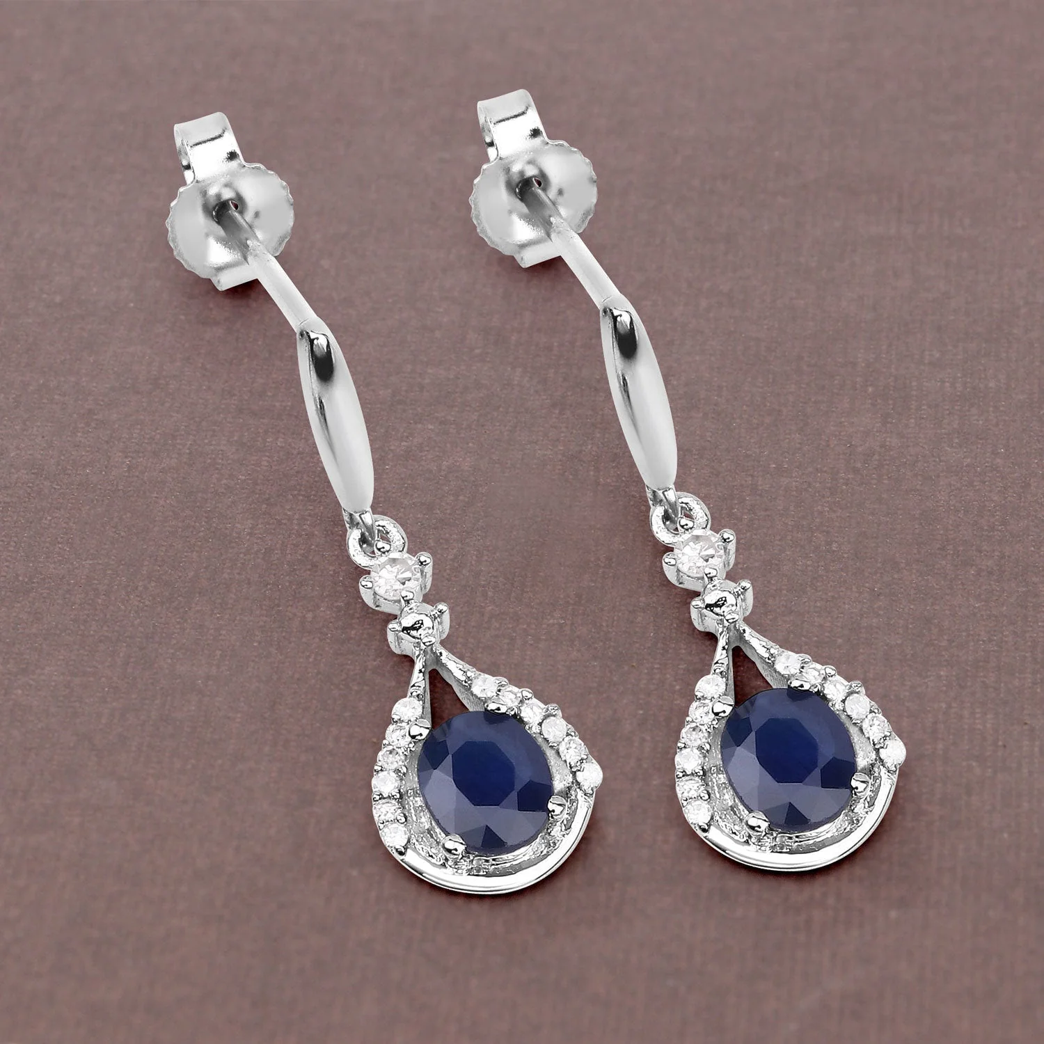0.86 Carat Genuine Blue Sapphire and White Diamond 14K White Gold Earrings - Image 4