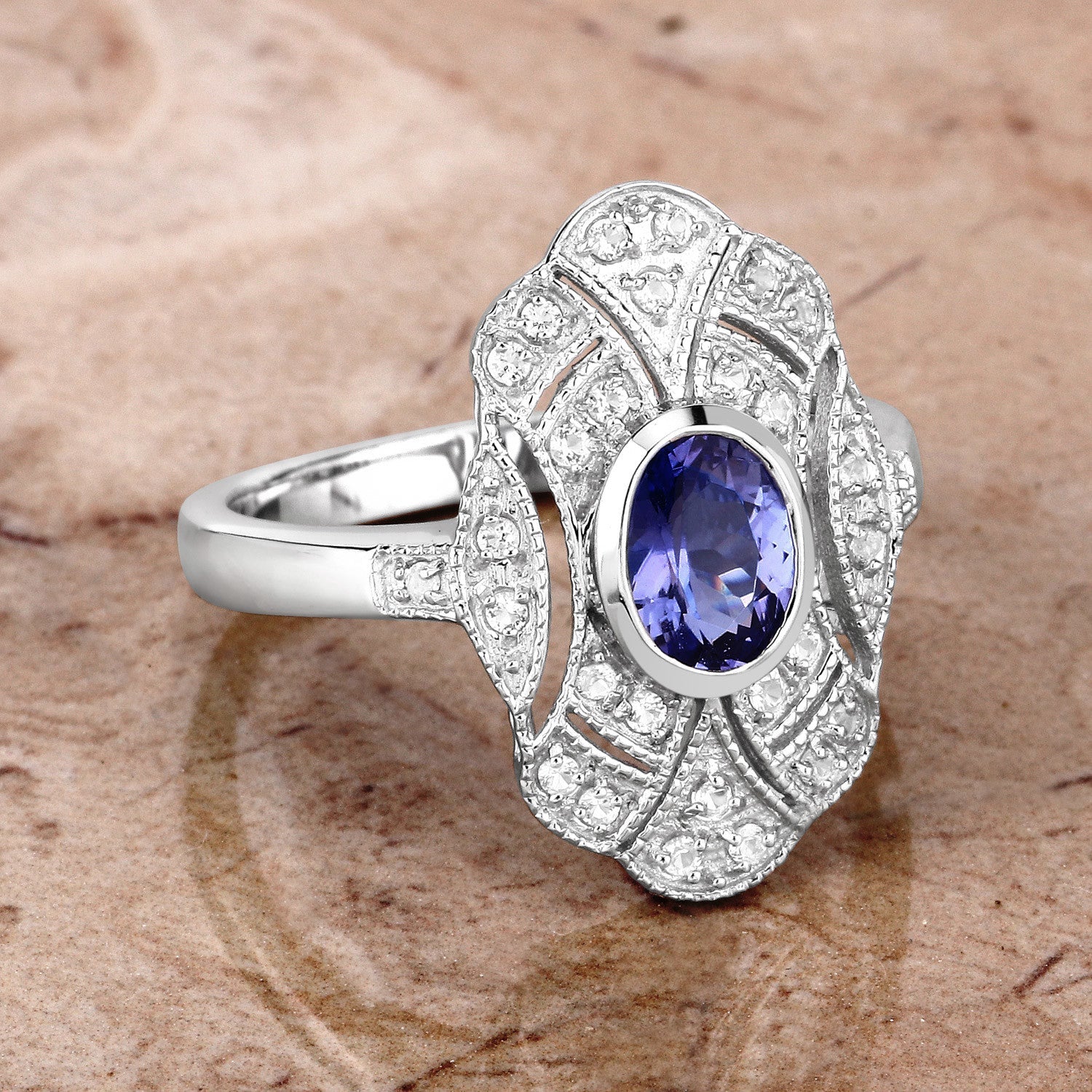 1.17 Carat Genuine Tanzanite and White Topaz .925 Sterling Silver Ring - Image 4