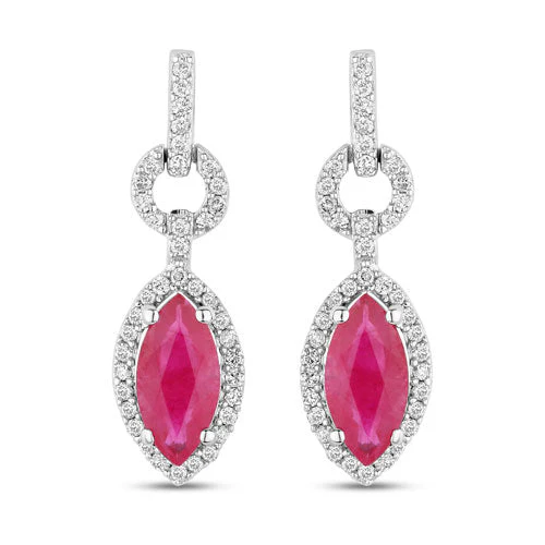 1.23 Carat Genuine Ruby and White Diamond 14K White Gold Earrings