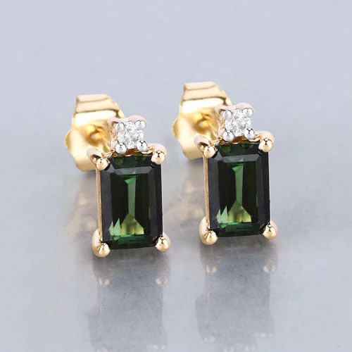1.24 Carat Genuine Green Tourmaline and White Diamond 14K Yellow Gold Earrings - Image 8