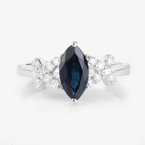 1.50 Carat Genuine Blue Sapphire and White Diamond 14K White Gold Ring - Image 8