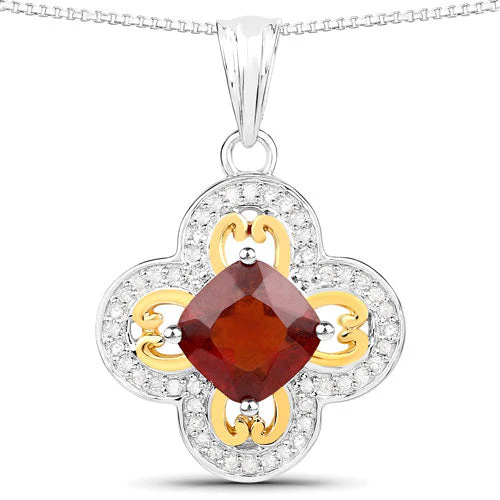 1.63 Carat Genuine Hessonite and White Diamond 18K Yellow Gold with .925 Sterling Silver Pendant - Image 4