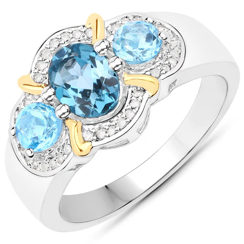 1.64 Carat Genuine London Blue Topaz, Swiss Blue Topaz and White Diamond .925 Sterling Silver Ring - Image 2