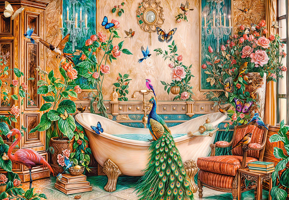 1000 Piece Jigsaw Puzzle, The Bath Fantasy, Luxurious bathroom, Peacock and exotic birds, Ornate, vibrant art., Adult Puzzle, Castorland C-105380-2 - Image 2