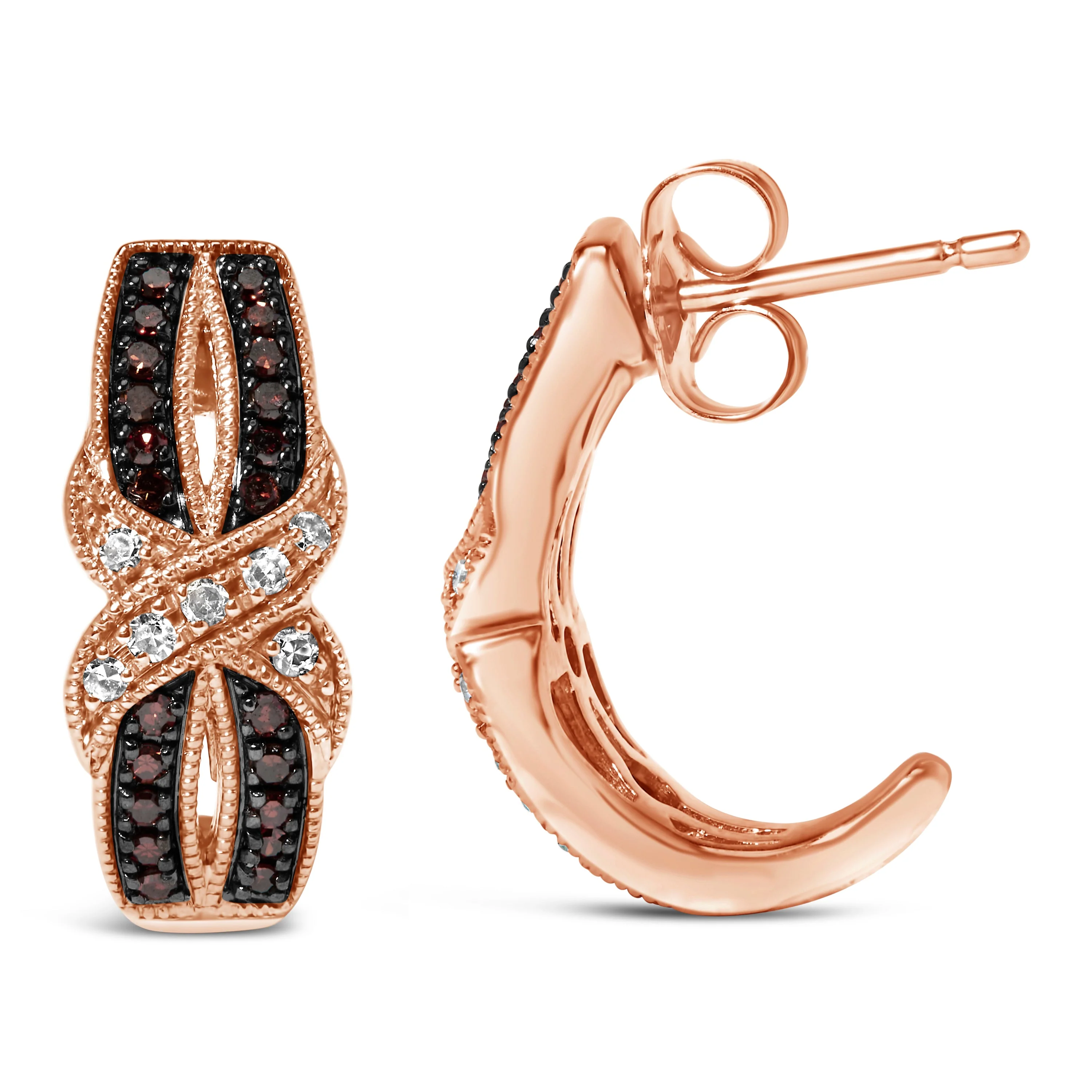 10K Rose Gold 1/3 Cttw White and Brown Diamond Milgrain Criss Cross J-Hoop Earrings (I-J Color, I1-I2 Clarity) - Image 6