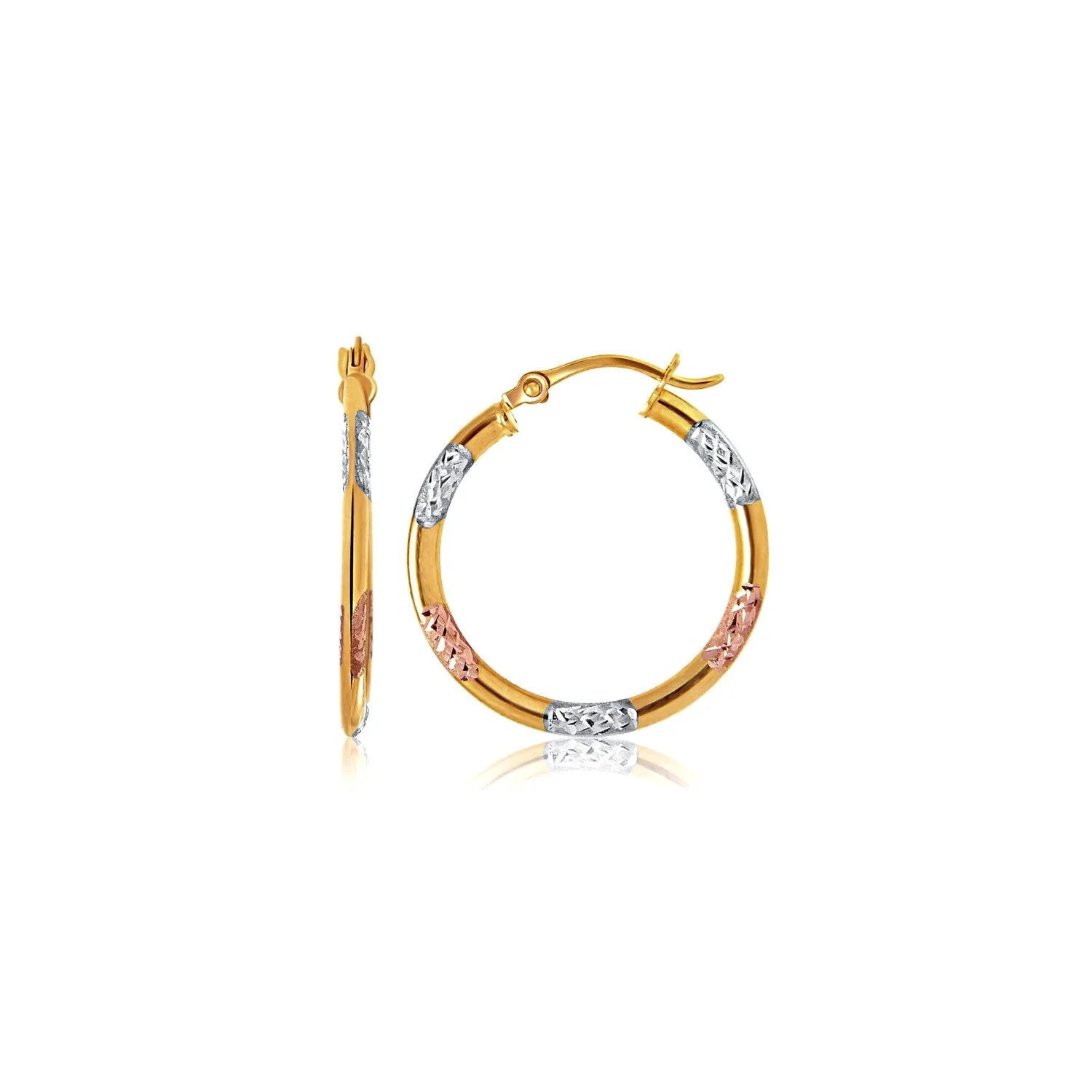 10k Tri-Color Gold Classic Hoop Earrings with Diamond Cut Details - Image 6