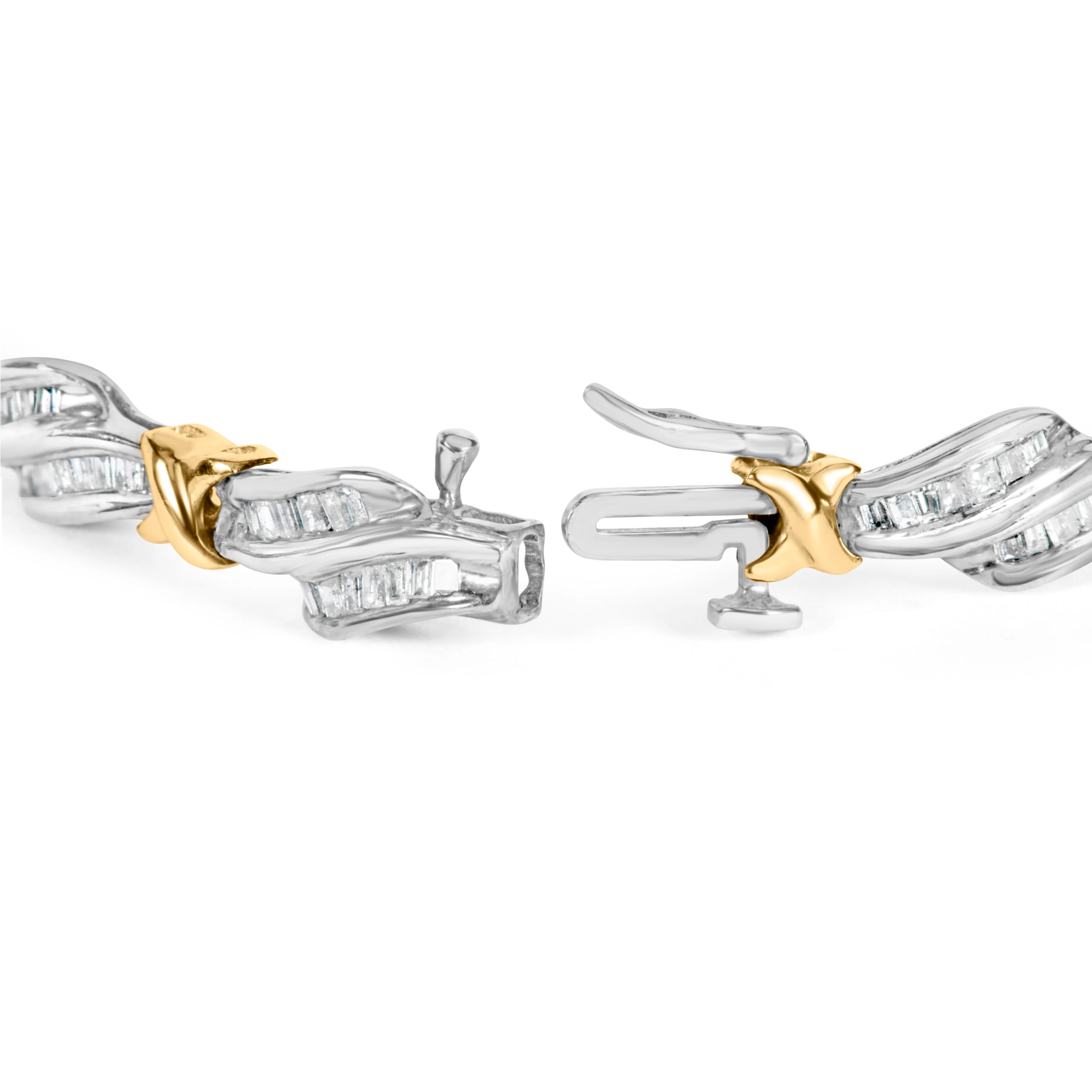 10k Two-Toned Gold 2.00 Cttw Channel Set Baguette-Diamond Weave and  "X" Spiral Link Bracelet (H-I Color, I1-I2 Clarity) - 7" - Image 2