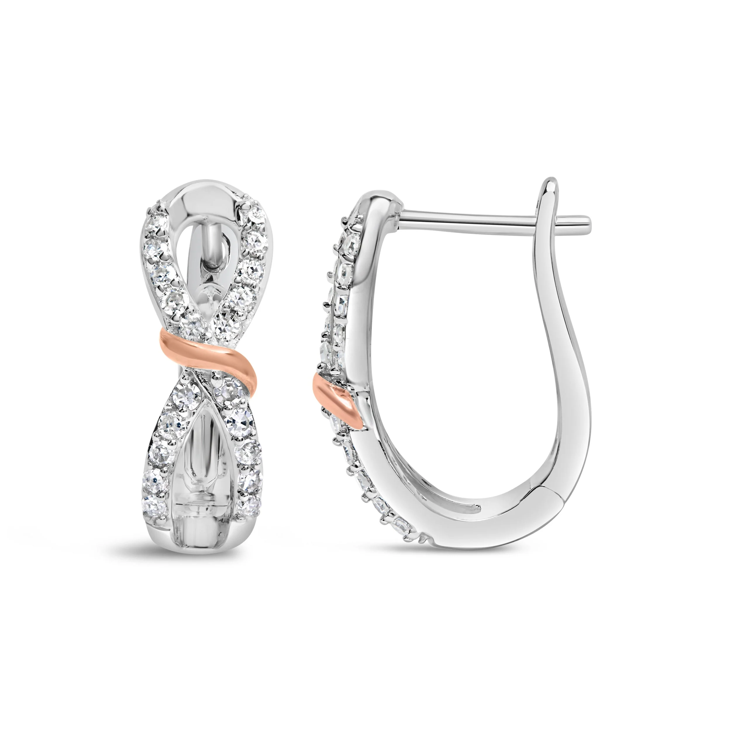 10K White and Rose Gold 1/3 Cttw Diamond Infinite and Ribbon Hoop Earrings (H-I Color, I1-I2 Clarity) - Image 7