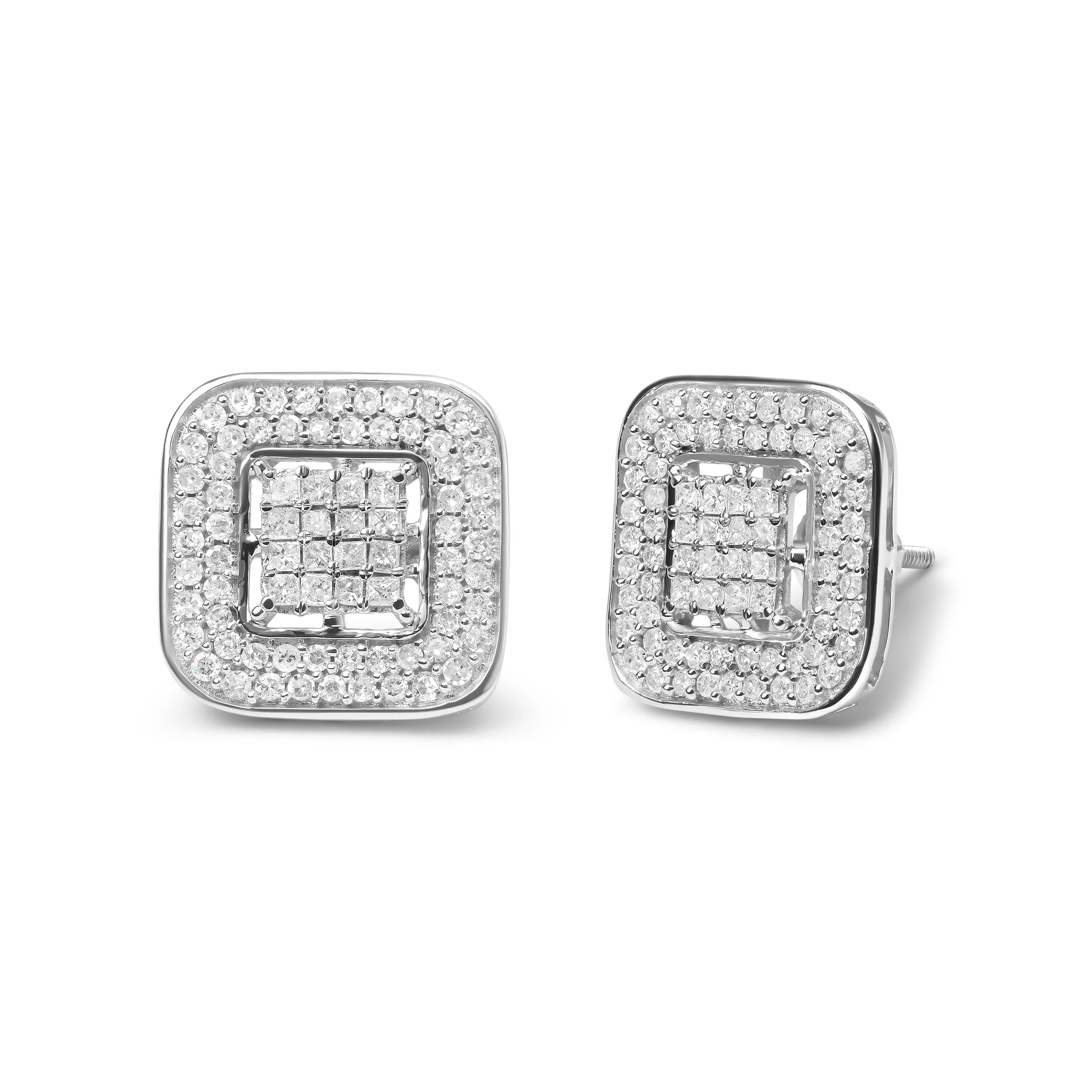 10K White Gold 1.0 Cttw Round and Princess Cut Diamond Composite Open Halo Stud Earrings (H-I Color, SI1-SI2 Clarity) - Image 2