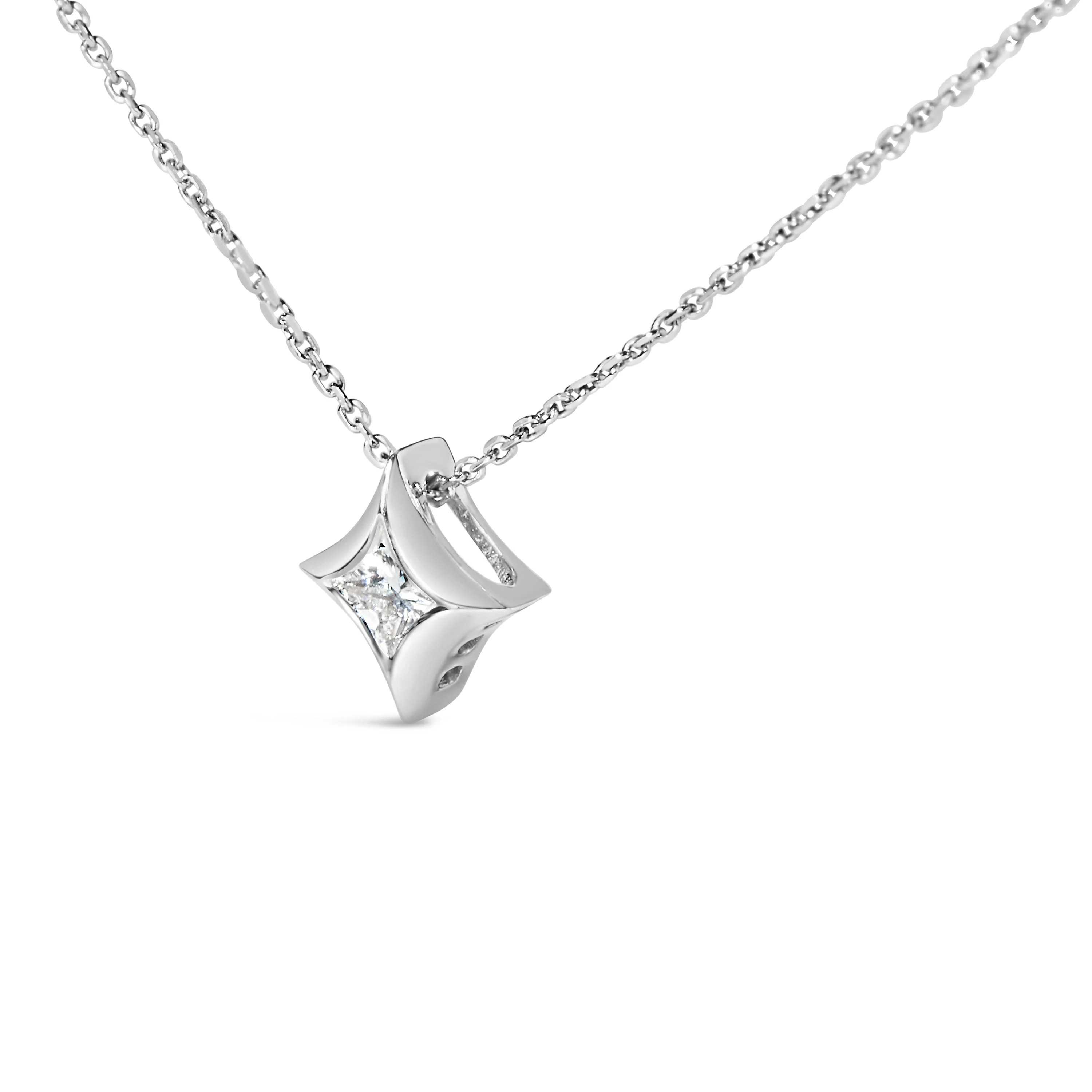 10K White Gold 1/10 Cttw Bezel Set Solitaire Princess Cut Diamond Kite Shaped Pendent Necklace - 18" Inches - Image 8