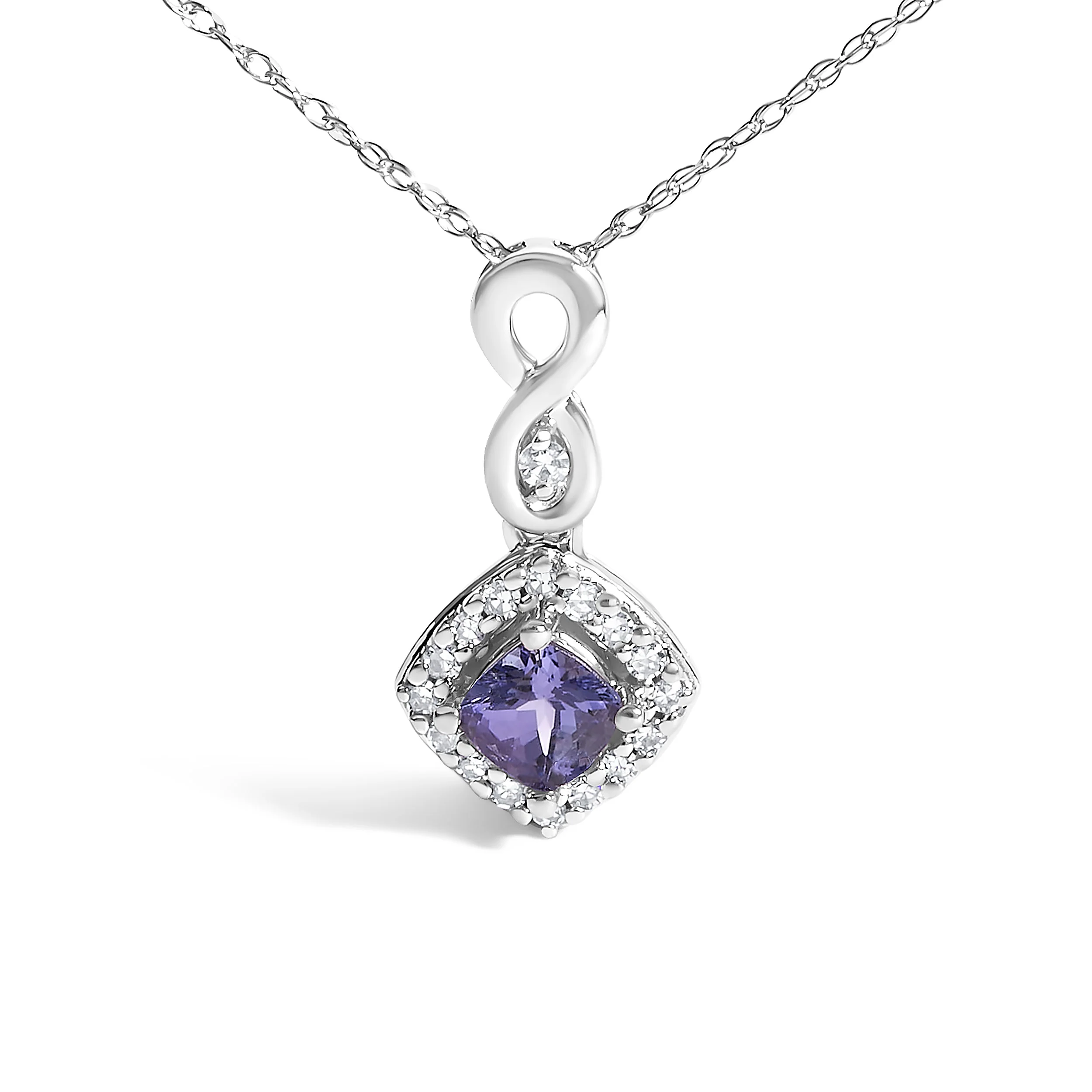 10K White Gold Blue Purple Tanzanite and Diamond Accent Cushion Drop Pendant Necklace - 18" Inches - Image 2