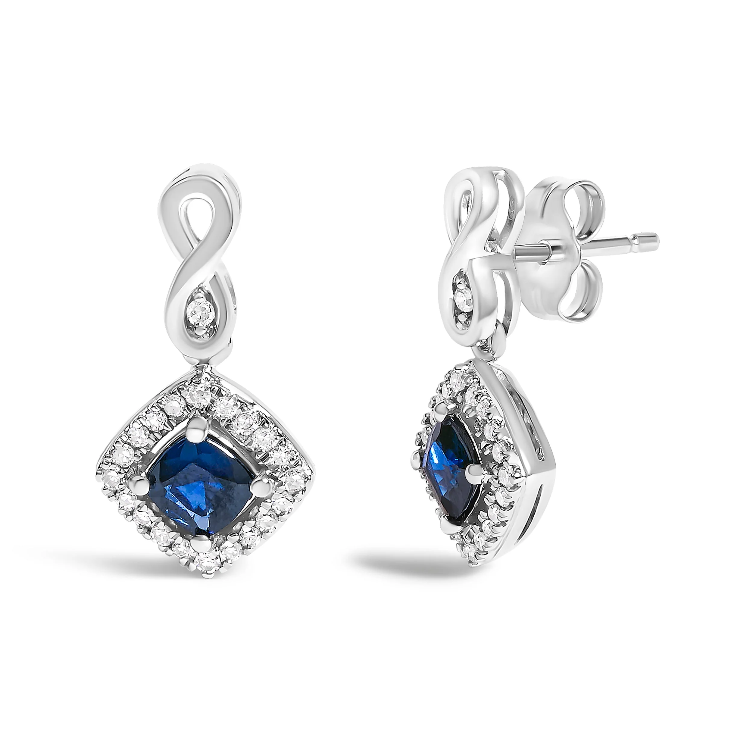 10K White Gold Blue  Sapphire and Diamond Halo Cushion Shaped Drop Earrings (I-J Color, I1-I2 Clarity) - Image 2