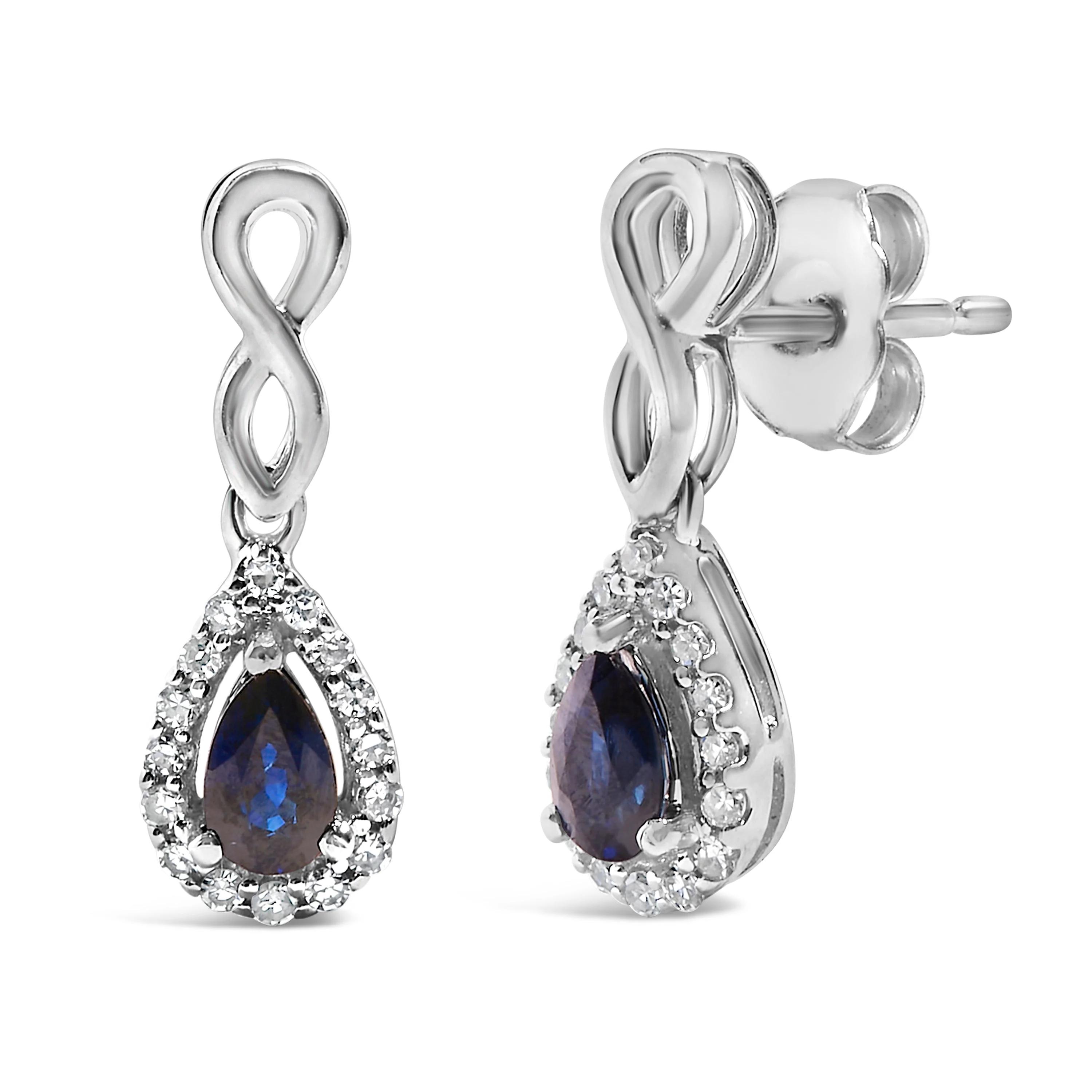 10K White Gold Pear Cut Blue Sapphire and 1/7 Cttw Diamond Infinity Drop and Dangle Earrings (I-J Color, I1-I2 Clarity) - Image 2