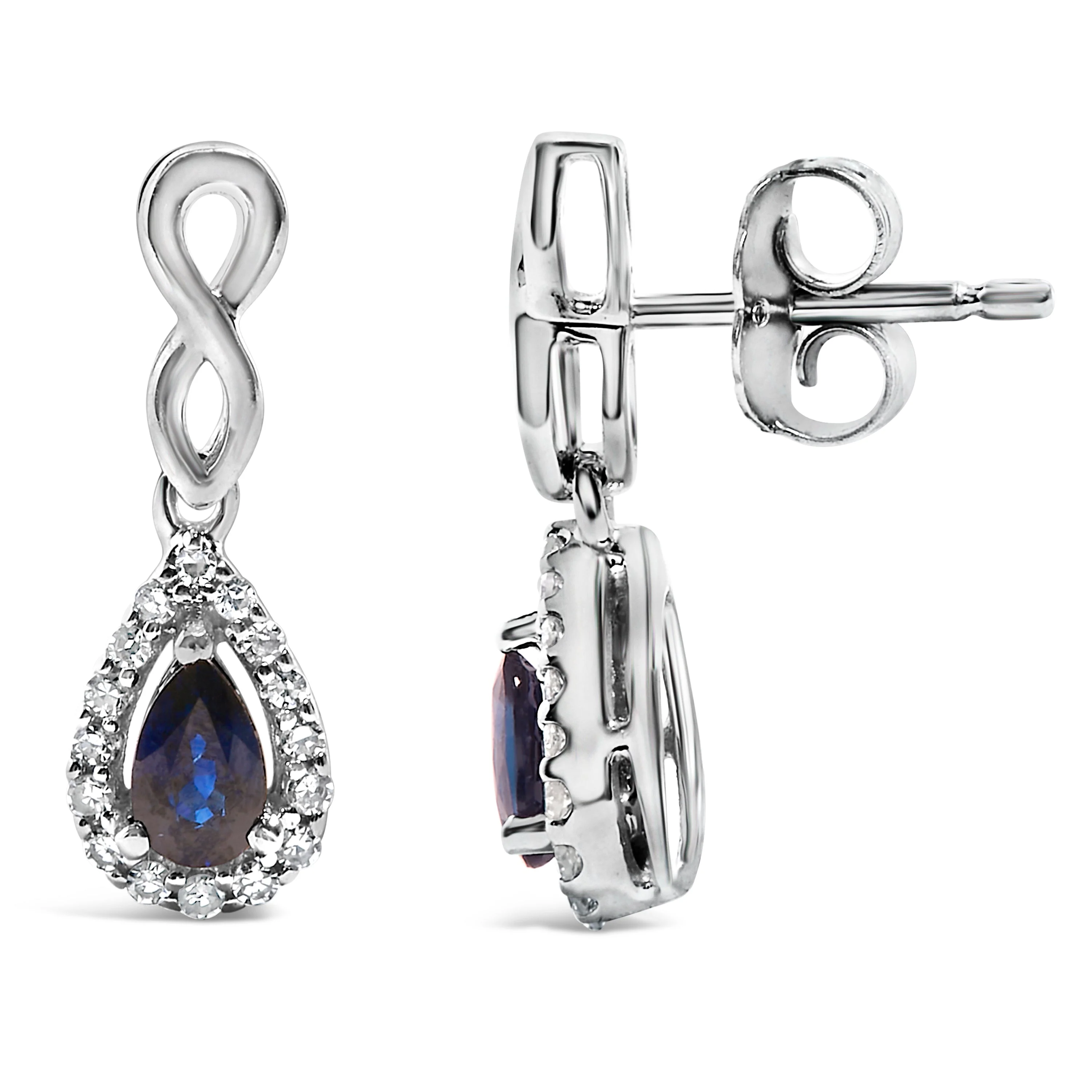 10K White Gold Pear Cut Blue Sapphire and 1/7 Cttw Diamond Infinity Drop and Dangle Earrings (I-J Color, I1-I2 Clarity) - Image 3