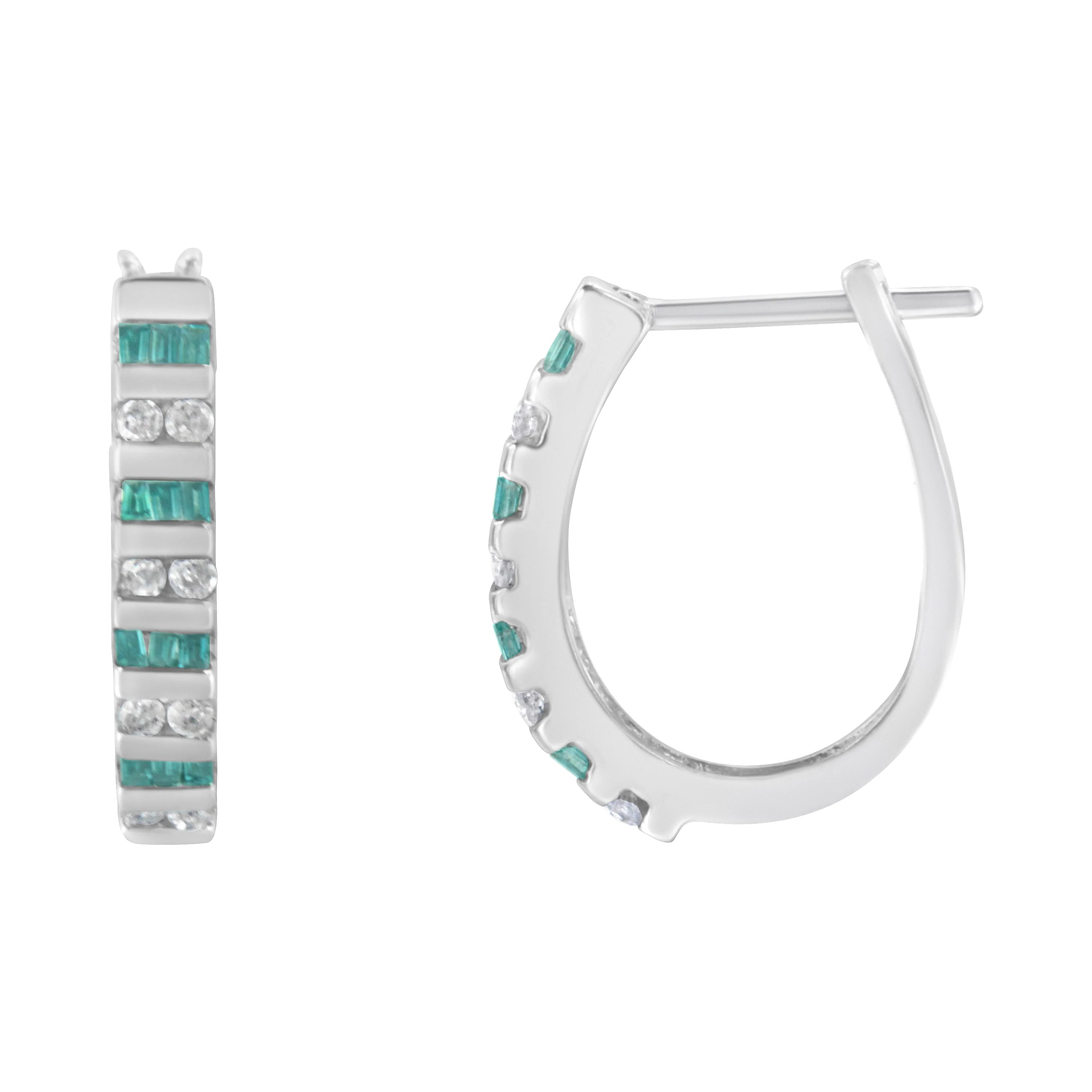 10k White Gold Round and Blue Baguette 1/2 cttw Diamond Hoop Earrings (I-J Color, I2-I3 Clarity) - Image 2