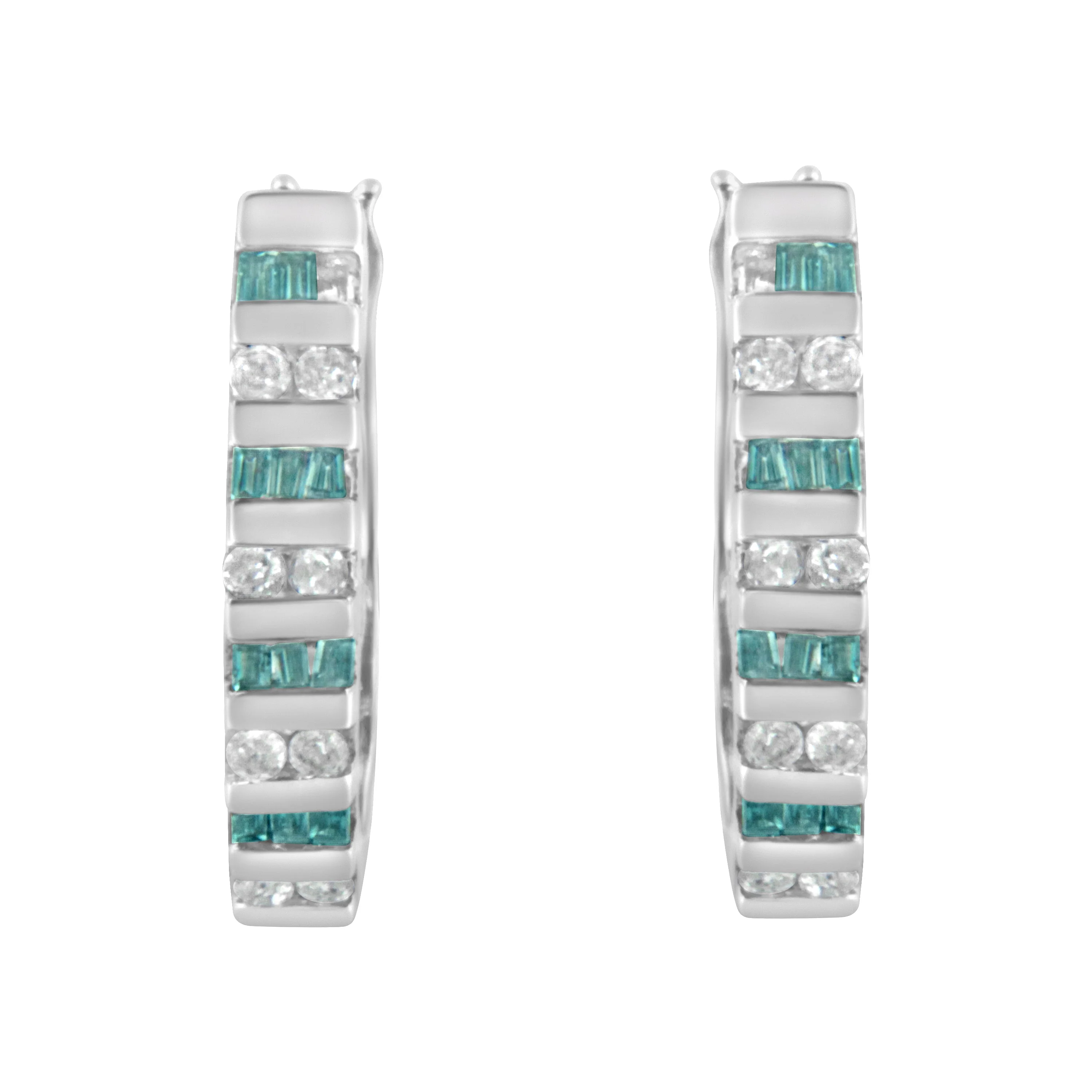 10k White Gold Round and Blue Baguette 1/2 cttw Diamond Hoop Earrings (I-J Color, I2-I3 Clarity) - Image 3