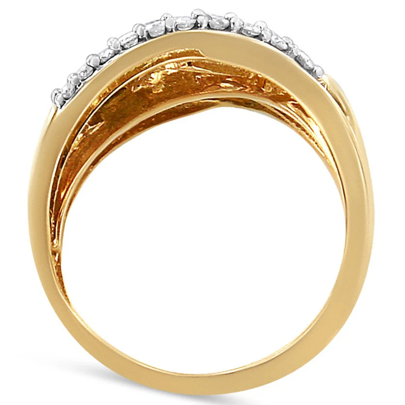 10K Yellow and White Gold 1.0 Cttw Round and Baguette-Cut Diamond Multirow Interwoven Cocktail Ring (I-J Color, I2-I3 Quality) - Size 7 - Image 2