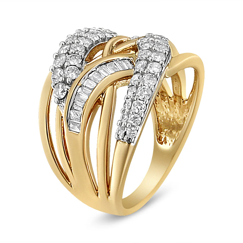 10K Yellow and White Gold 1.0 Cttw Round and Baguette-Cut Diamond Multirow Interwoven Cocktail Ring (I-J Color, I2-I3 Quality) - Size 7 - Image 3