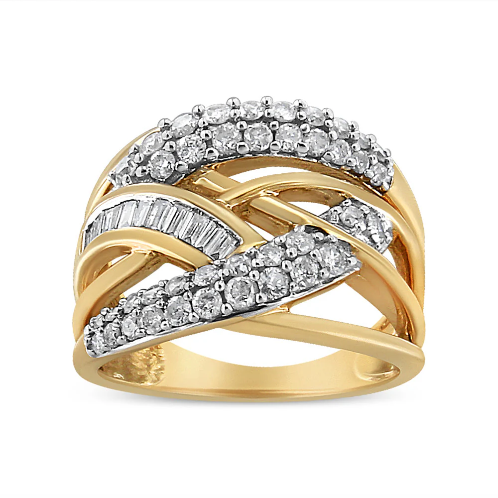 10K Yellow and White Gold 1.0 Cttw Round and Baguette-Cut Diamond Multirow Interwoven Cocktail Ring (I-J Color, I2-I3 Quality) - Size 7 - Image 5
