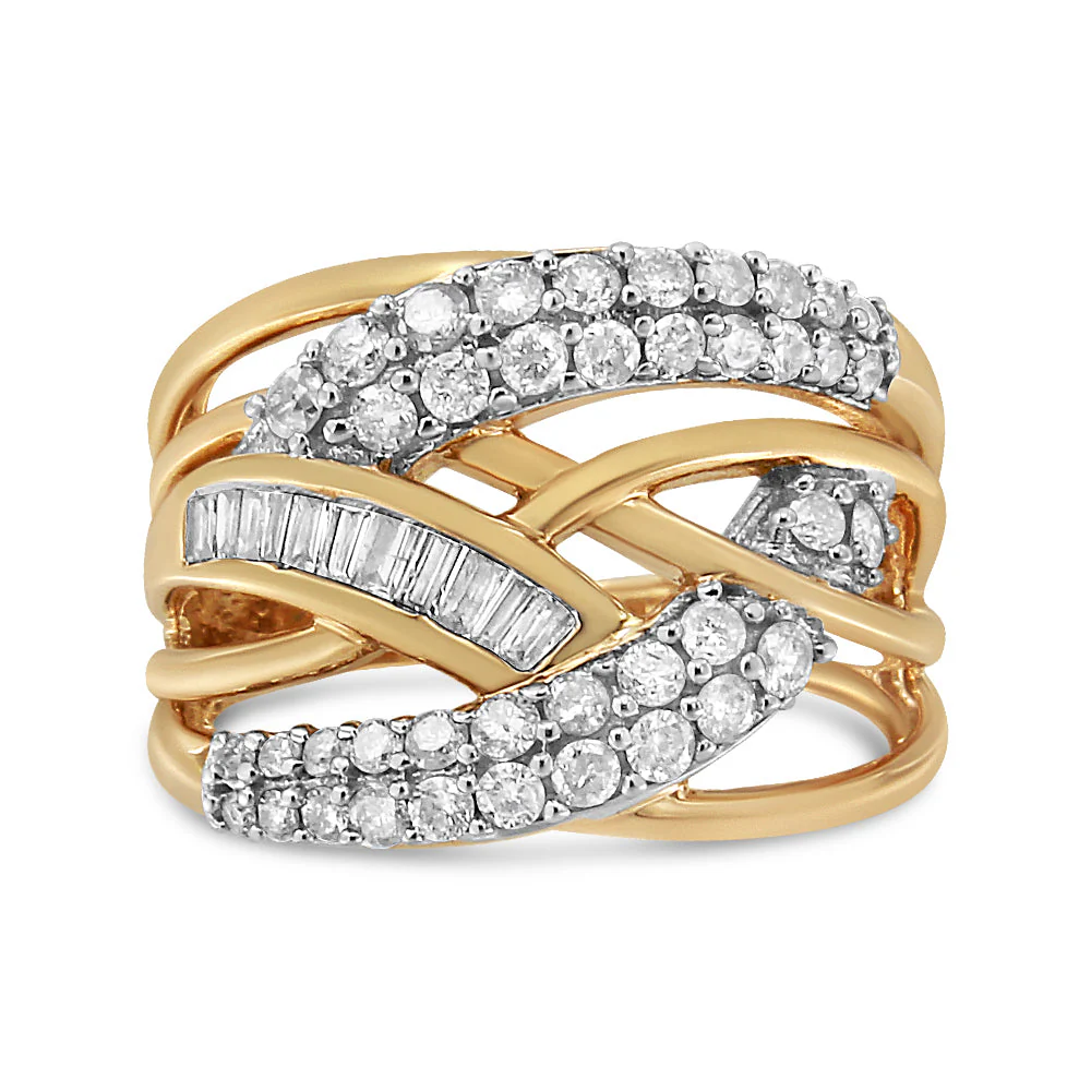10K Yellow and White Gold 1.0 Cttw Round and Baguette-Cut Diamond Multirow Interwoven Cocktail Ring (I-J Color, I2-I3 Quality) - Size 7 - Image 8