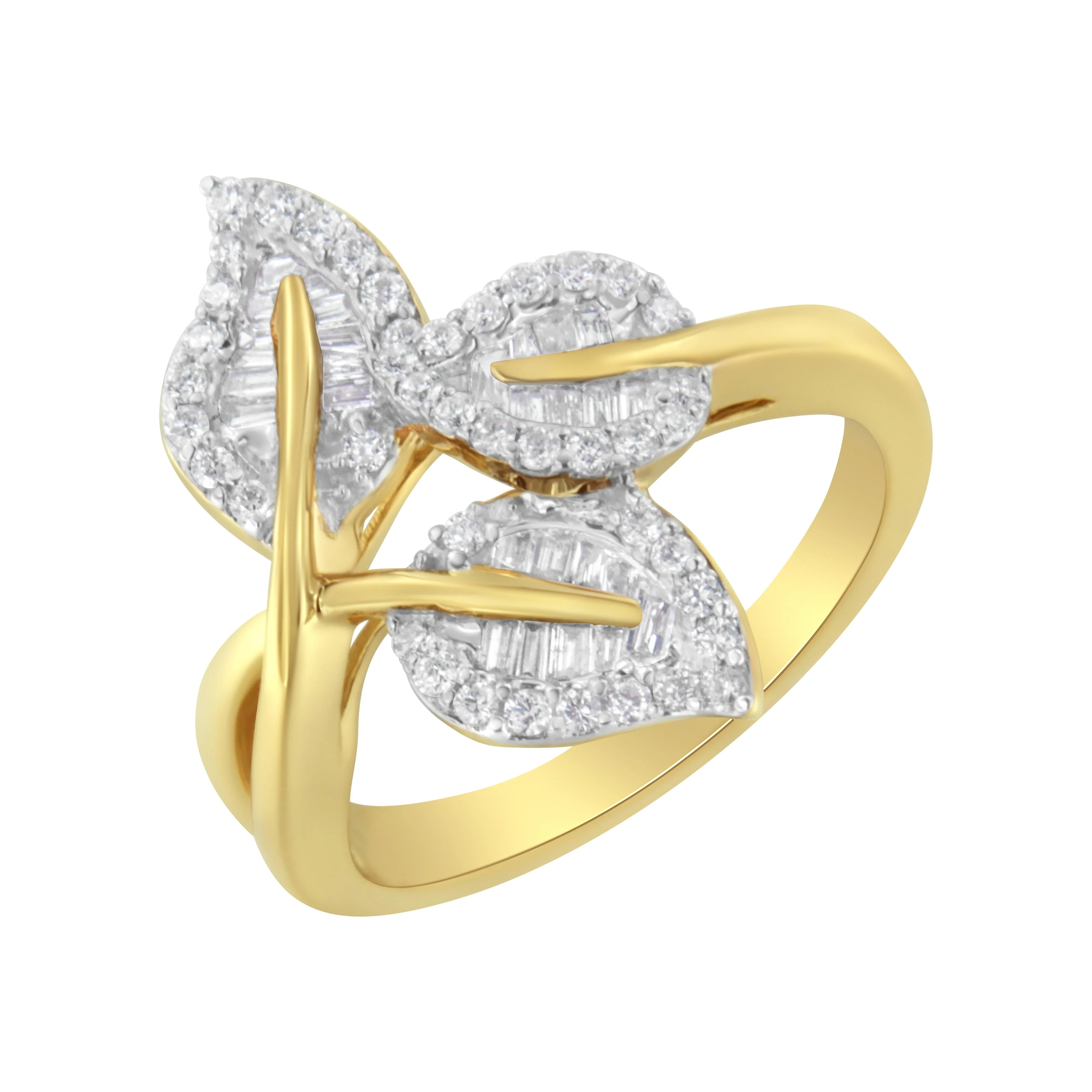 10k Yellow and White Gold 1/2 Cttw Baguette and Round Diamond Bypass Triple Leaf Ring (I-J Color, I1-I2 Clarity) - Size 7 - Image 3
