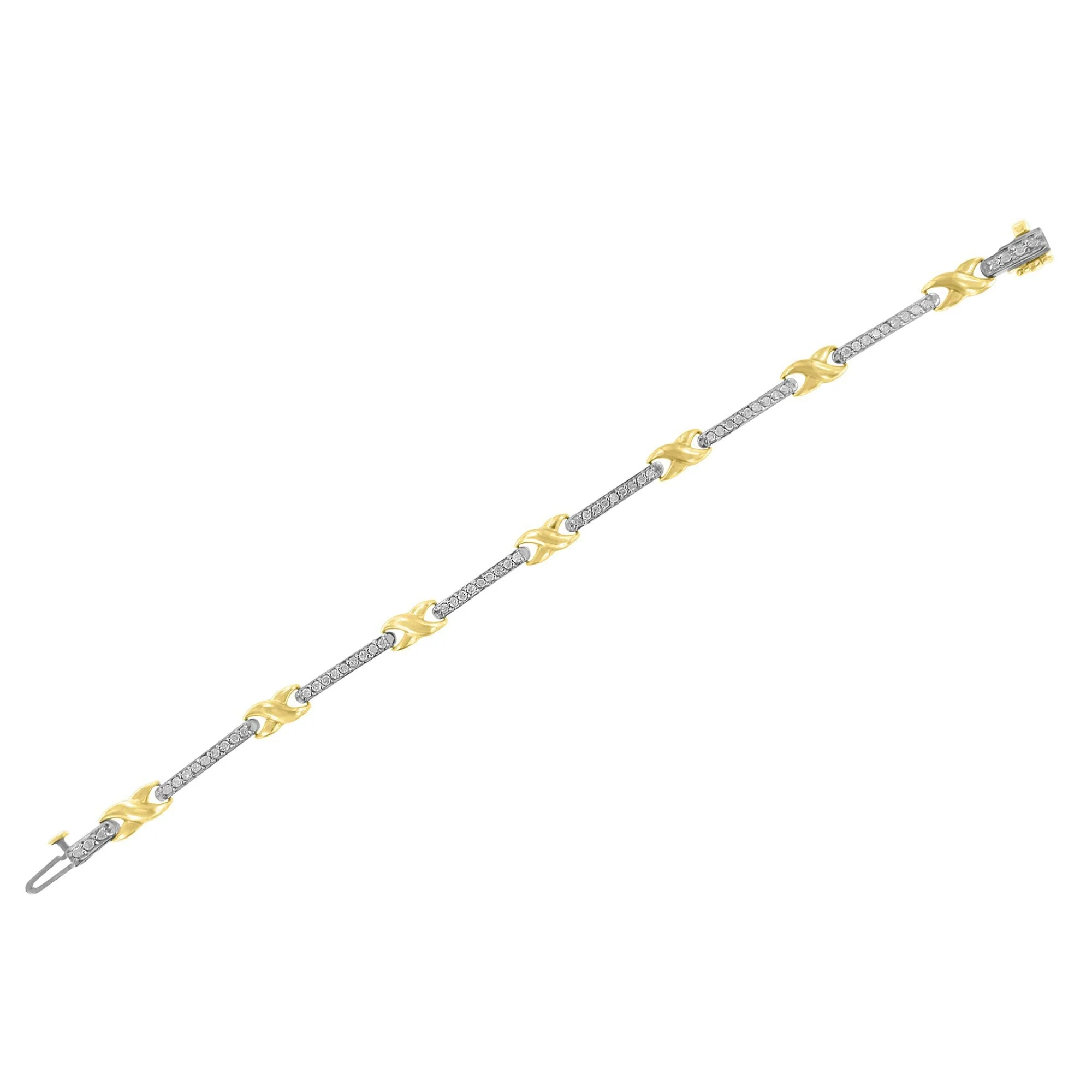10K Yellow Gold 1.00 Cttw Pave Set Diamond Bar and  X-Link 7" Bracelet (I-J Color, I3 Quality) - Image 4