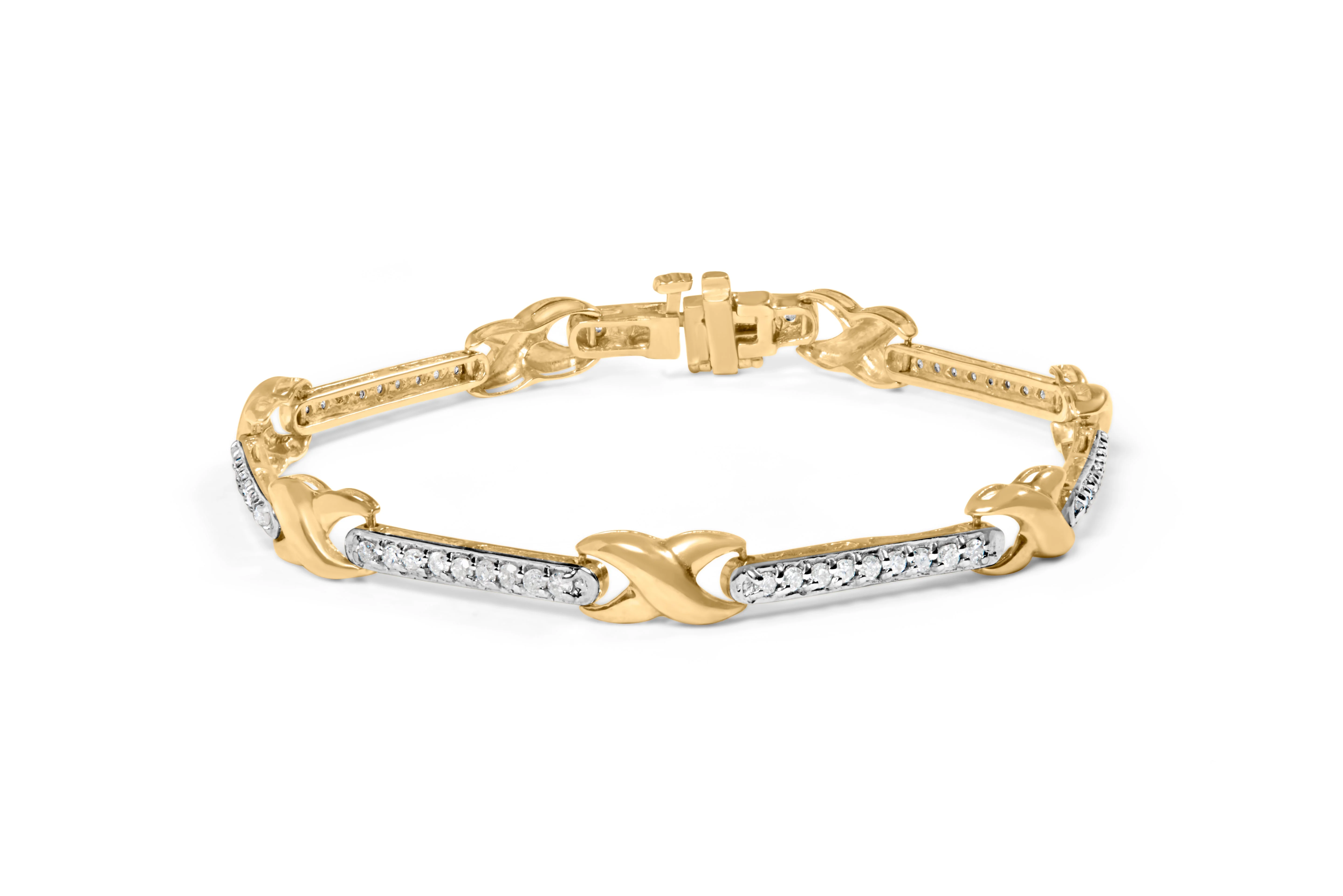10K Yellow Gold 1.00 Cttw Pave Set Diamond Bar and  X-Link 7" Bracelet (I-J Color, I3 Quality) - Image 5