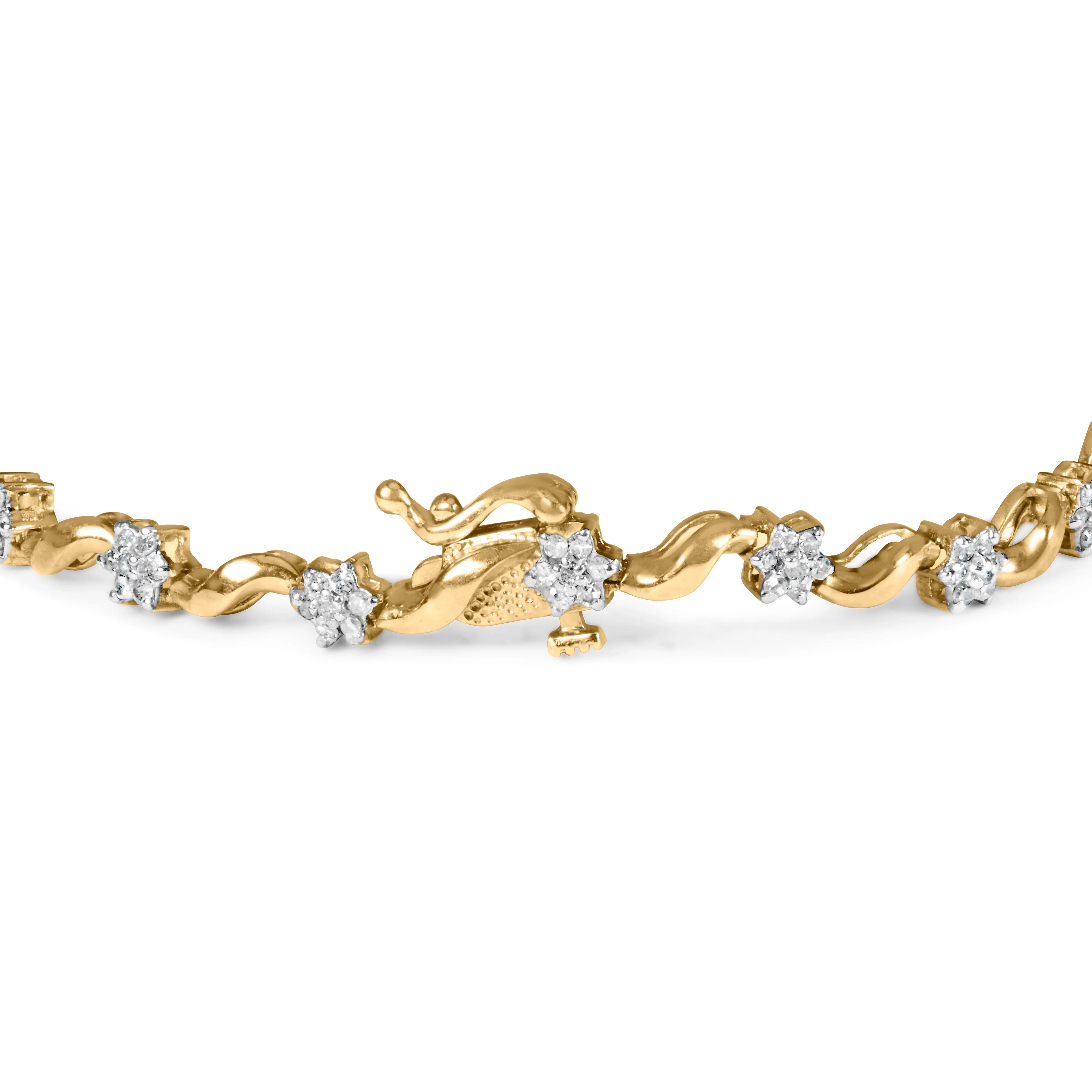 10k Yellow Gold 1.00 Cttw Round-Cut Diamond Floral S-Link 7.50" Bracelet (I-J Color, I2-I3 Clarity) - Image 6