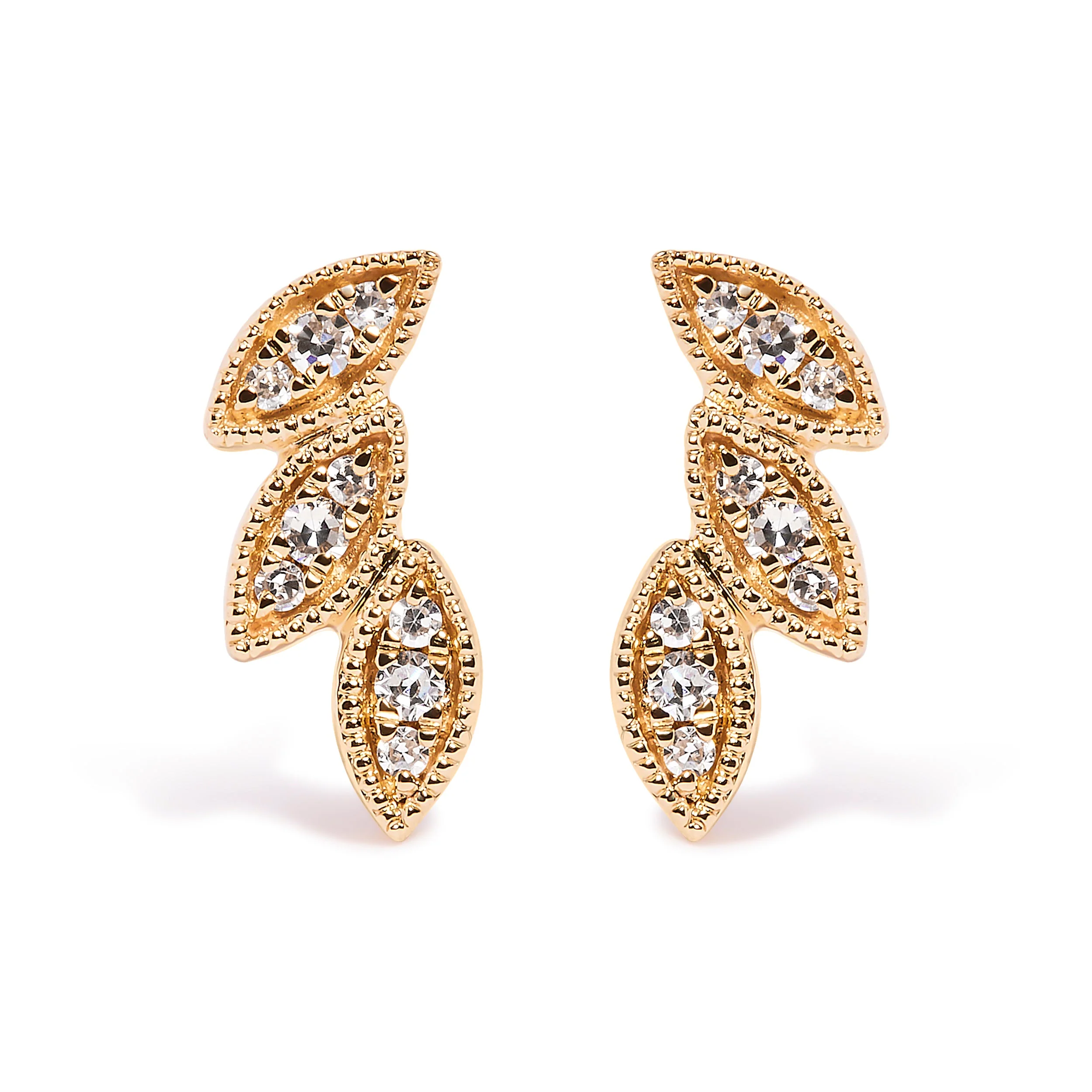 10K Yellow Gold 1/10 Cttw Diamond Triple Leaf Stud Earring (H-I Color, I1-I2 Clarity) - Image 4