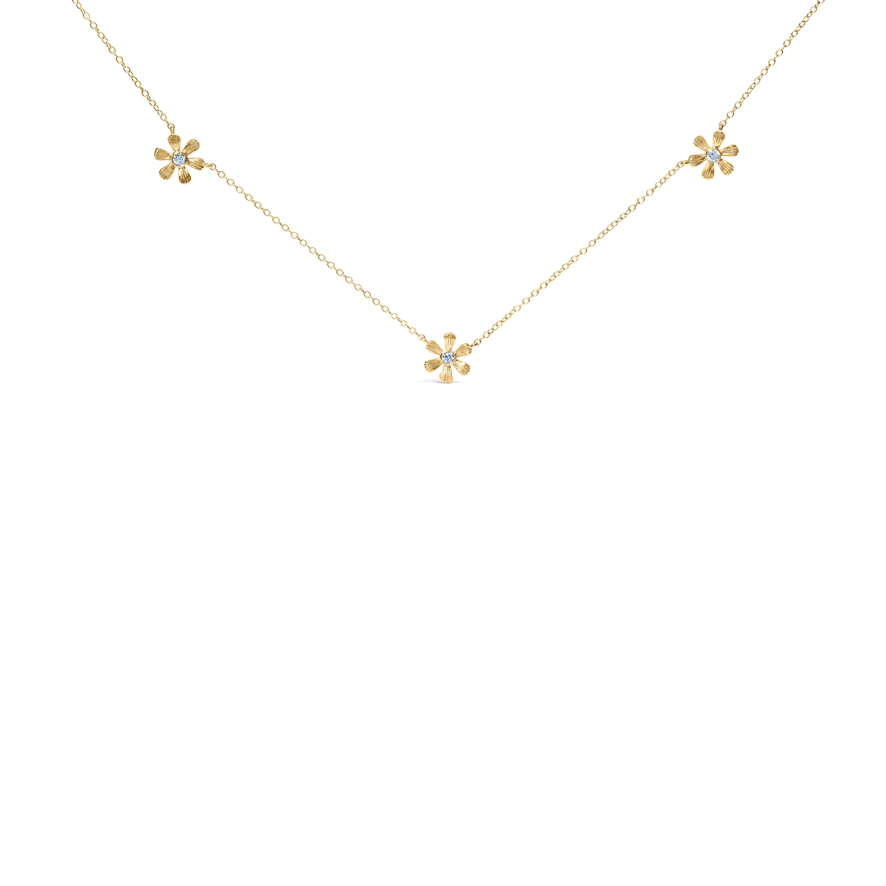 10K Yellow Gold 1/8 Cttw Diamond Floral Station Chain Necklace (I-J Color, I1-I2 Clarity)