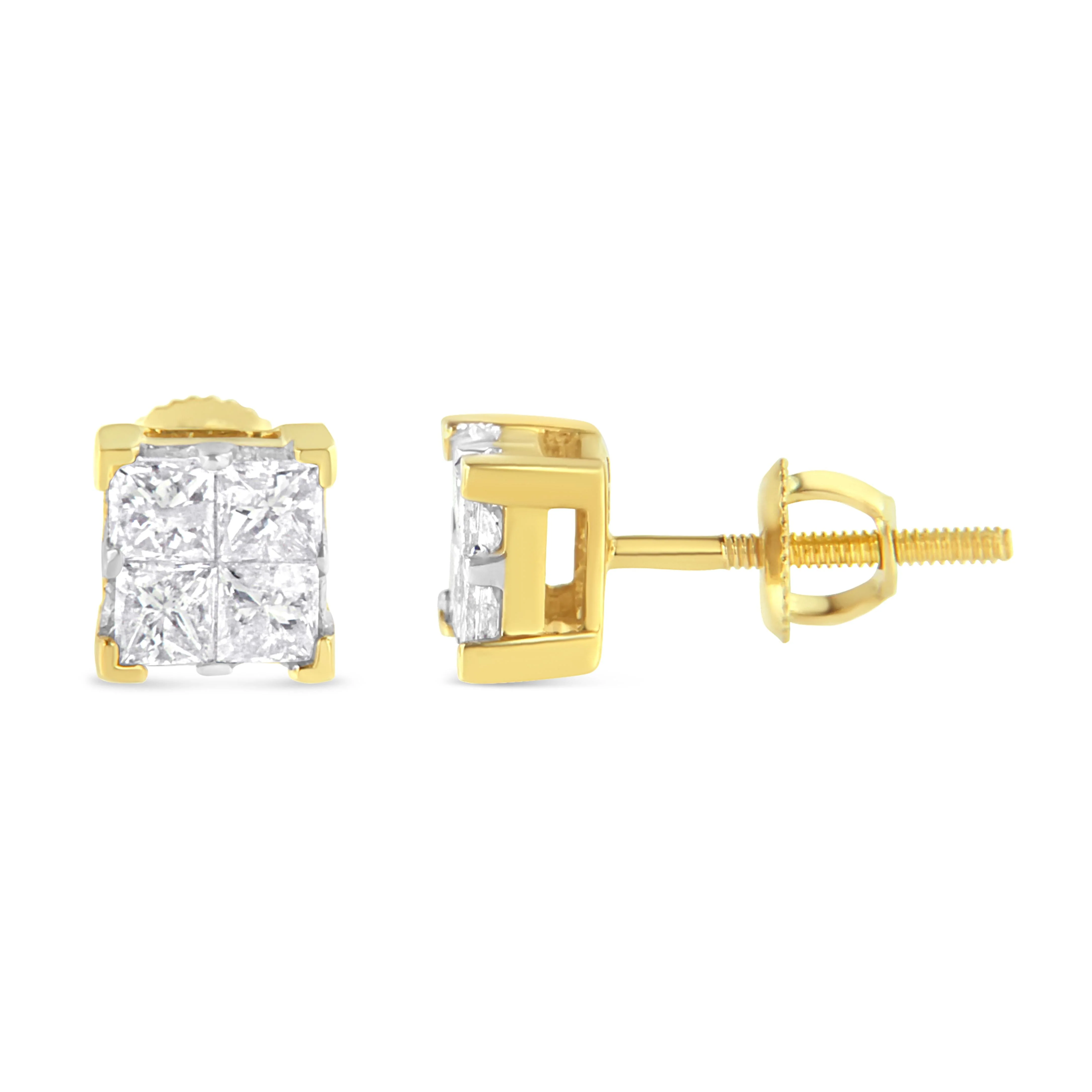 10K Yellow Gold 3/4 Cttw Invisible Set Princess-Cut Diamond Composite Square Stud Earrings (I-J Color, I2-I3 Clarity) - Image 2