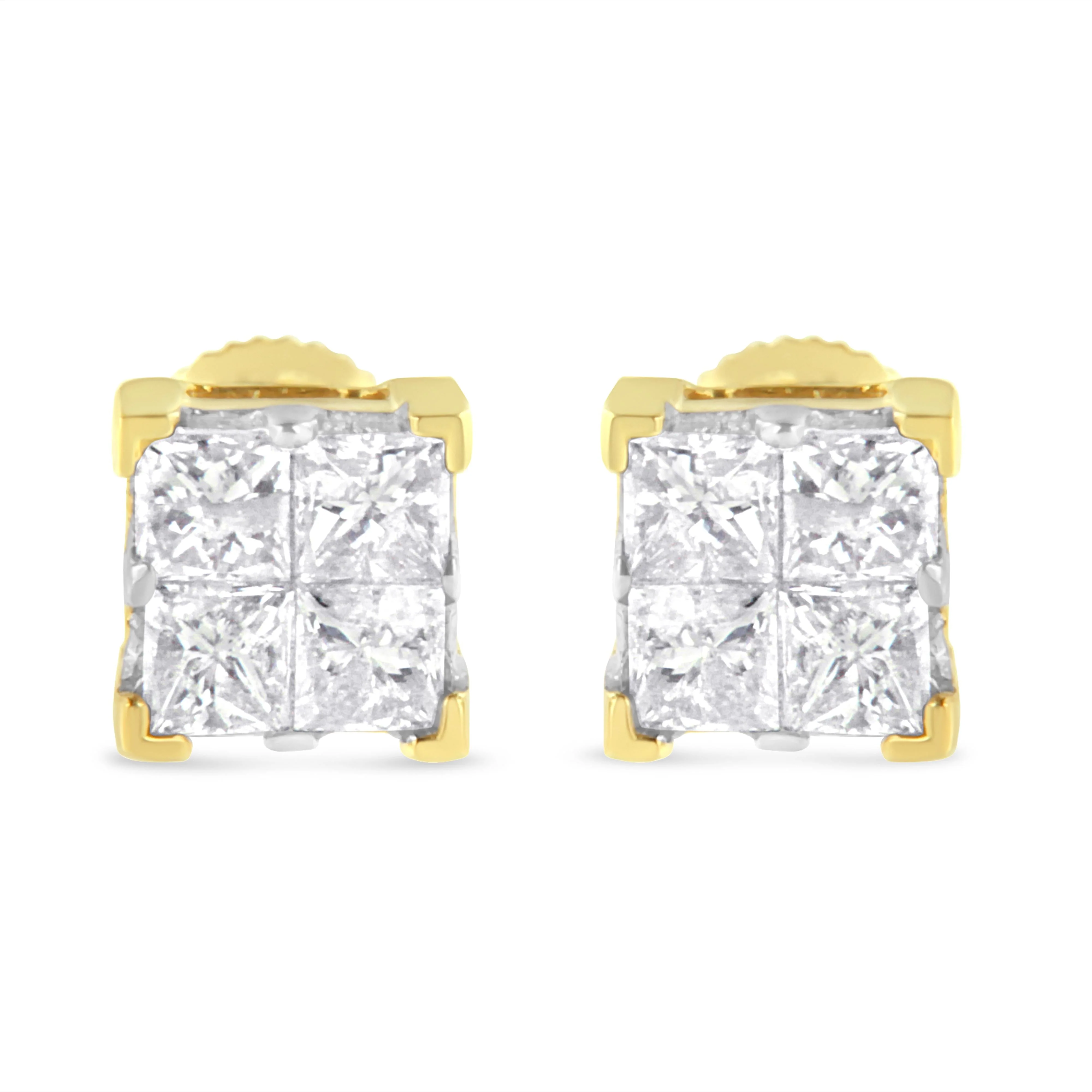 10K Yellow Gold 3/4 Cttw Invisible Set Princess-Cut Diamond Composite Square Stud Earrings (I-J Color, I2-I3 Clarity) - Image 3