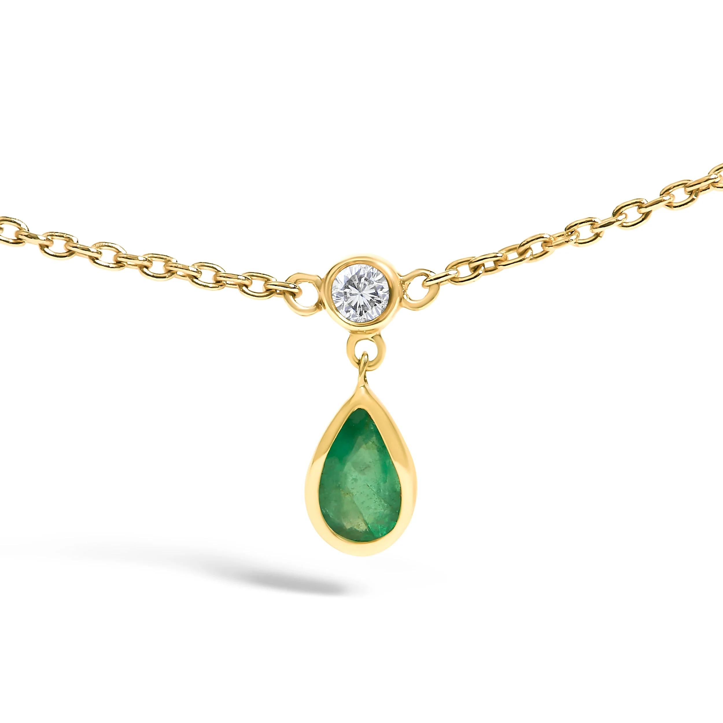 10K Yellow Gold Dangling 5x3 mm Green Emerald and Diamond Station Necklace - 18" Inches - Image 2