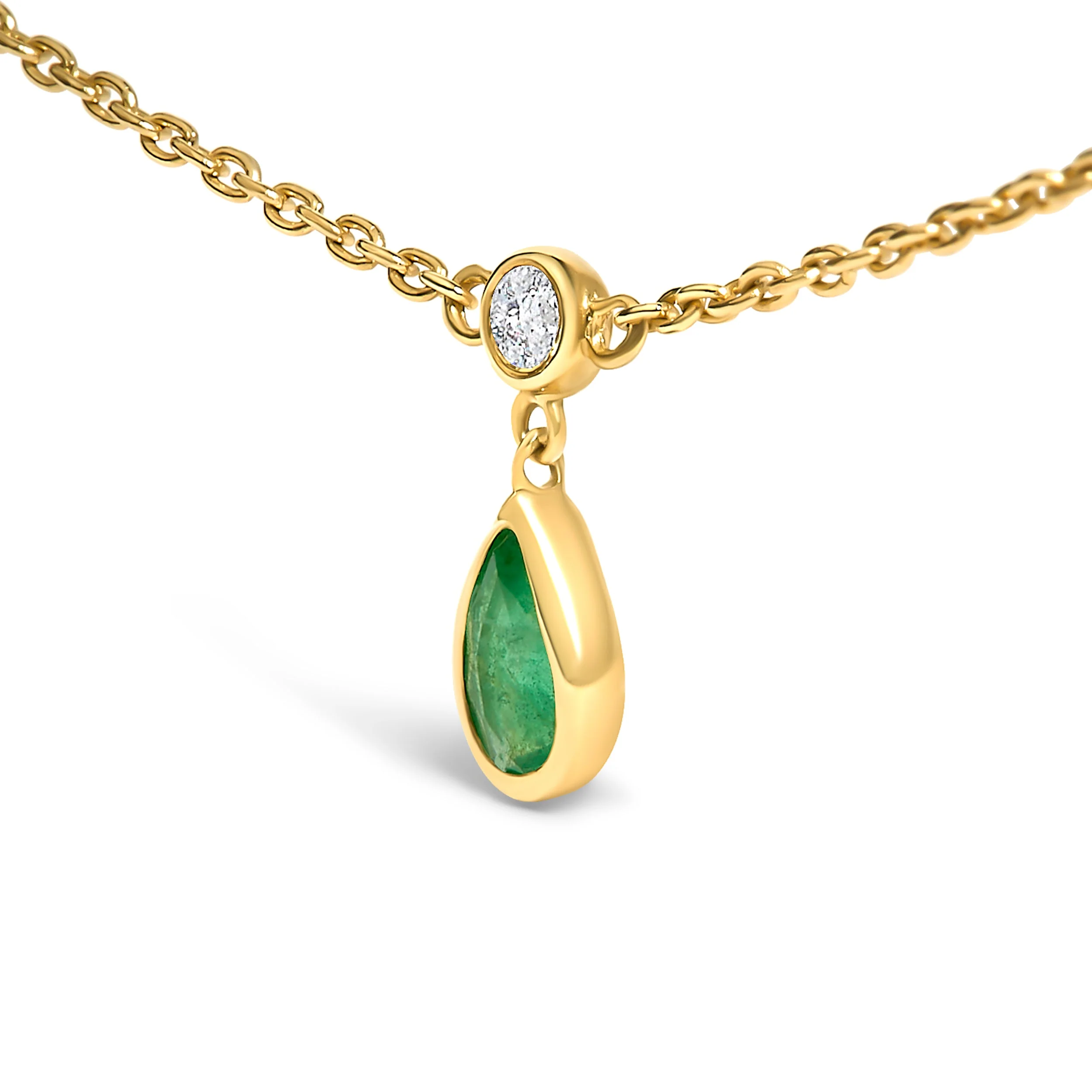 10K Yellow Gold Dangling 5x3 mm Green Emerald and Diamond Station Necklace - 18" Inches - Image 3