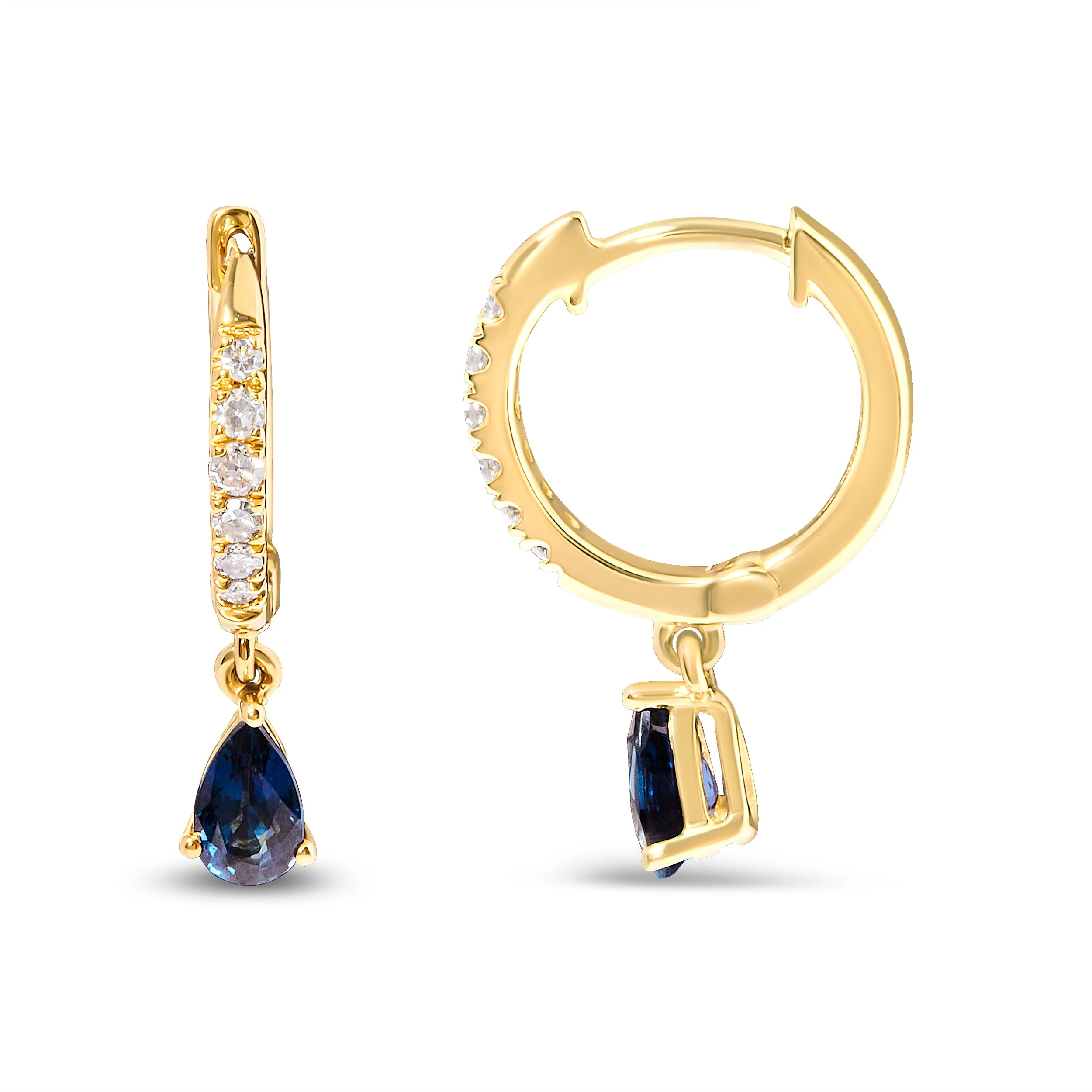 10K Yellow Gold Pear Blue Sapphire and 1/10 Cttw Diamond Drop and Dangle Huggy Hoop Earrings (H-I Color, I1-I2 Clarity) - Image 3