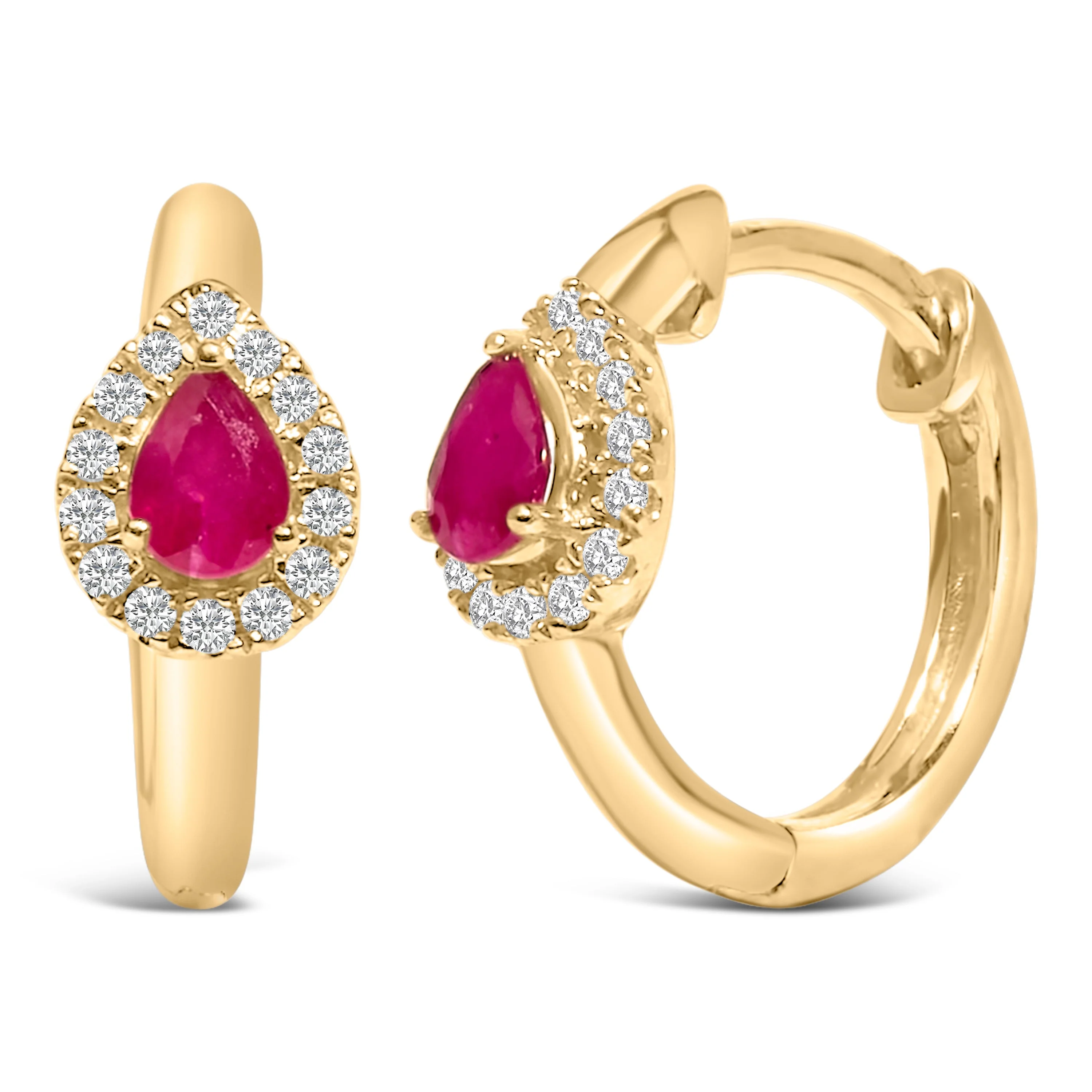 10K Yellow Gold Pear Cut Red Ruby 4x3 mm and 1/10 Cttw Round Diamond Huggy Earrings (I-J Color, I1-I2 Clarity) - Image 2
