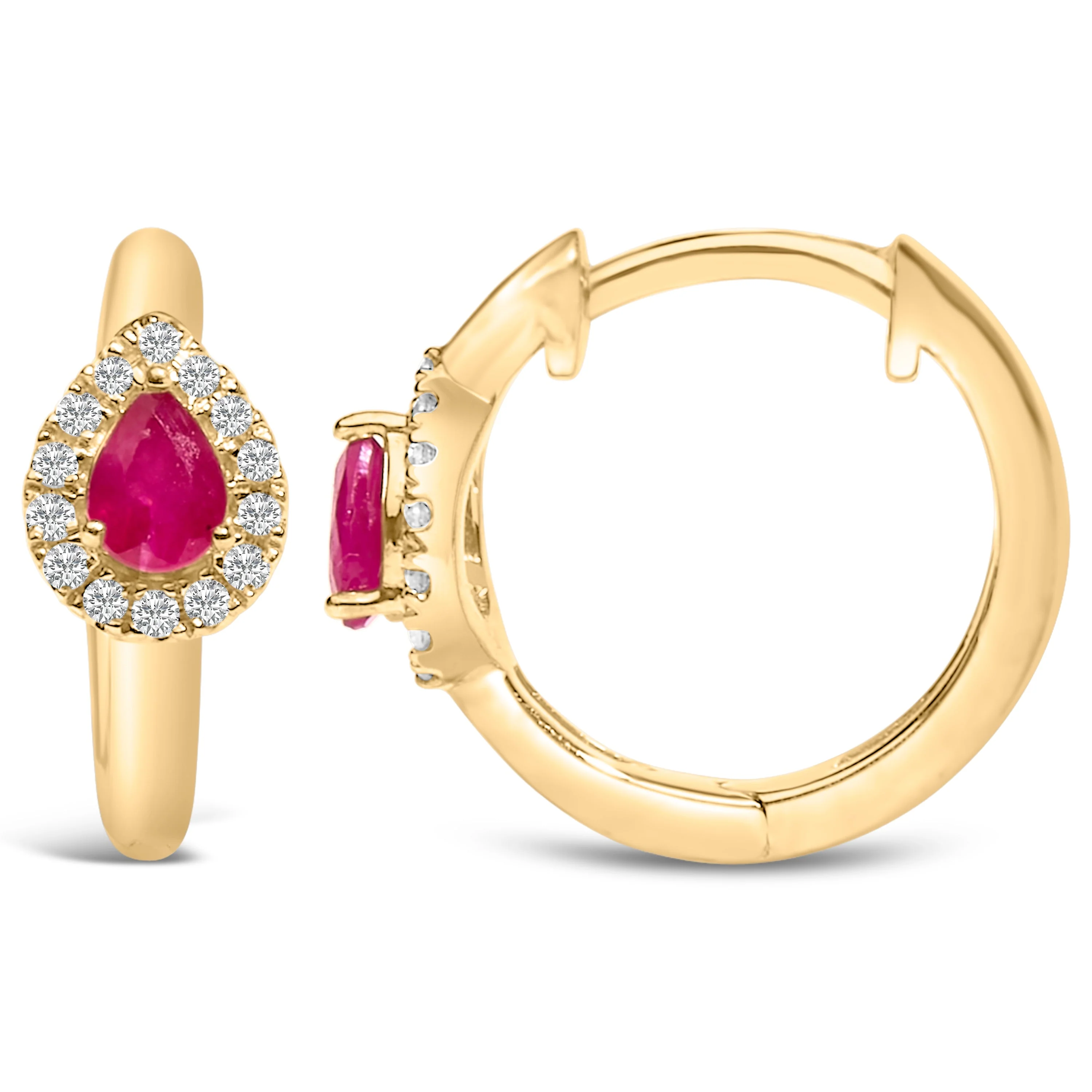 10K Yellow Gold Pear Cut Red Ruby 4x3 mm and 1/10 Cttw Round Diamond Huggy Earrings (I-J Color, I1-I2 Clarity) - Image 3