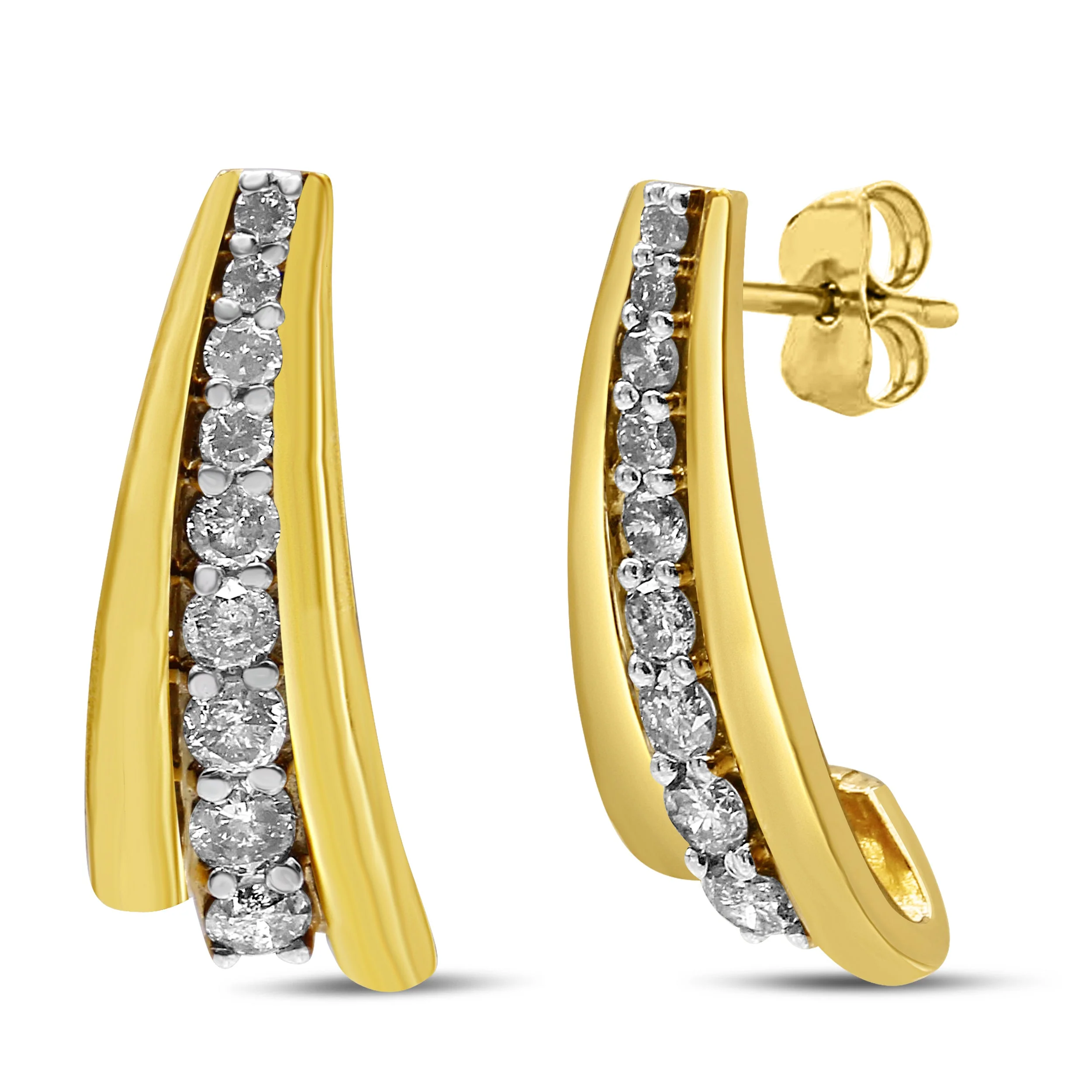 10K Yellow Gold Plated .925 Sterling Silver 1.00 Cttw Round Diamond Graduated Huggie Stud Earrings (I-J Color, I2-I3 Clarity) - Image 2