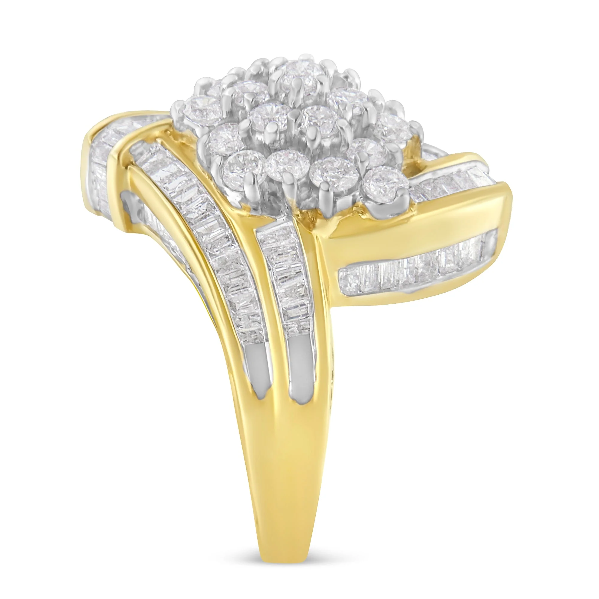 10K Yellow Gold Round and Baguette Diamond Crossover Cluster Ring (3 Cttw, I-J Color, I1-I2 Clarity) - Size 7-1/2 - Image 5