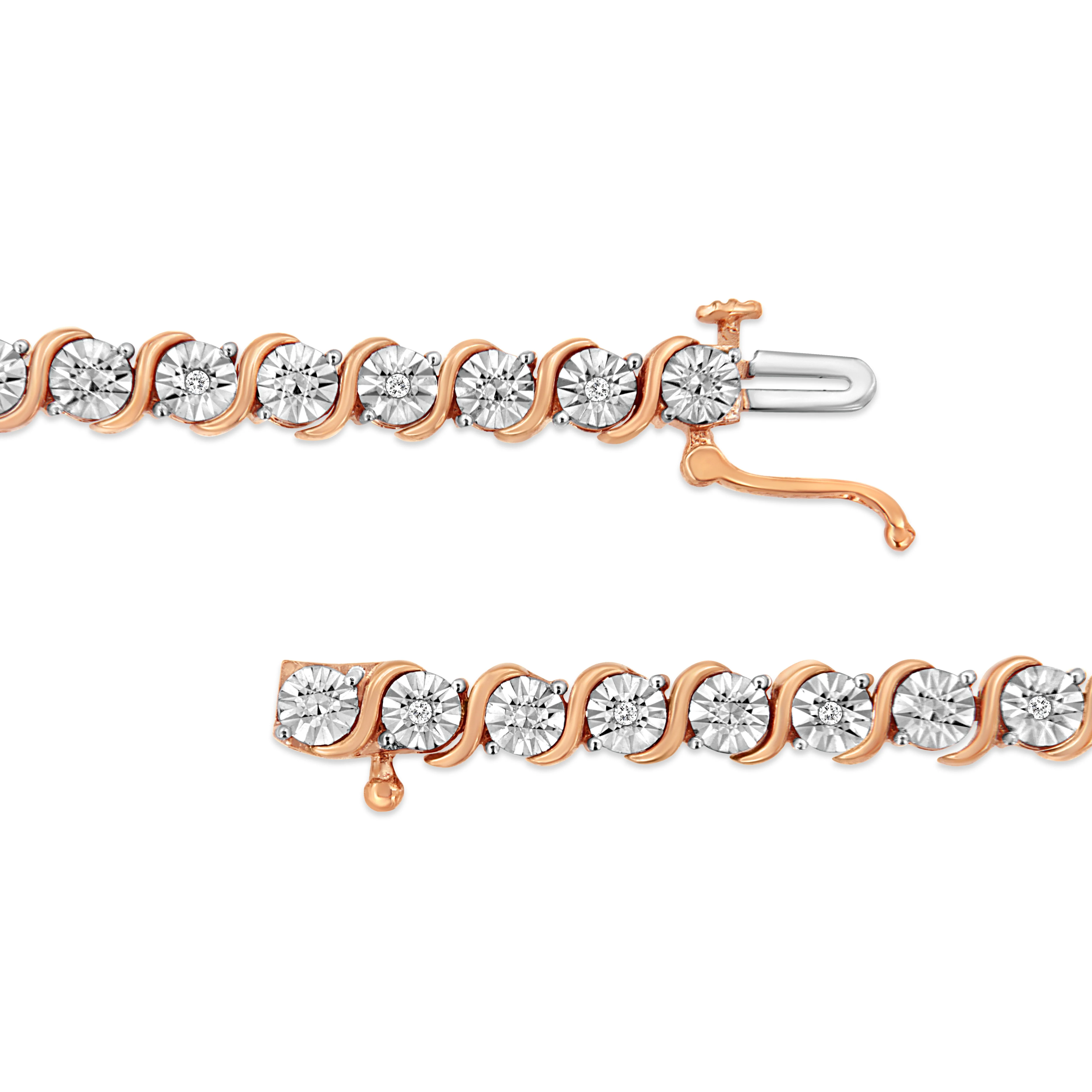14K Rose Gold Plated .925 Sterling Silver 1/10 Cttw Diamond Round Miracle Plate and "S" Link Tennis Bracelet (I-J Color, I2- I3 Clarity) - 7" - Image 10