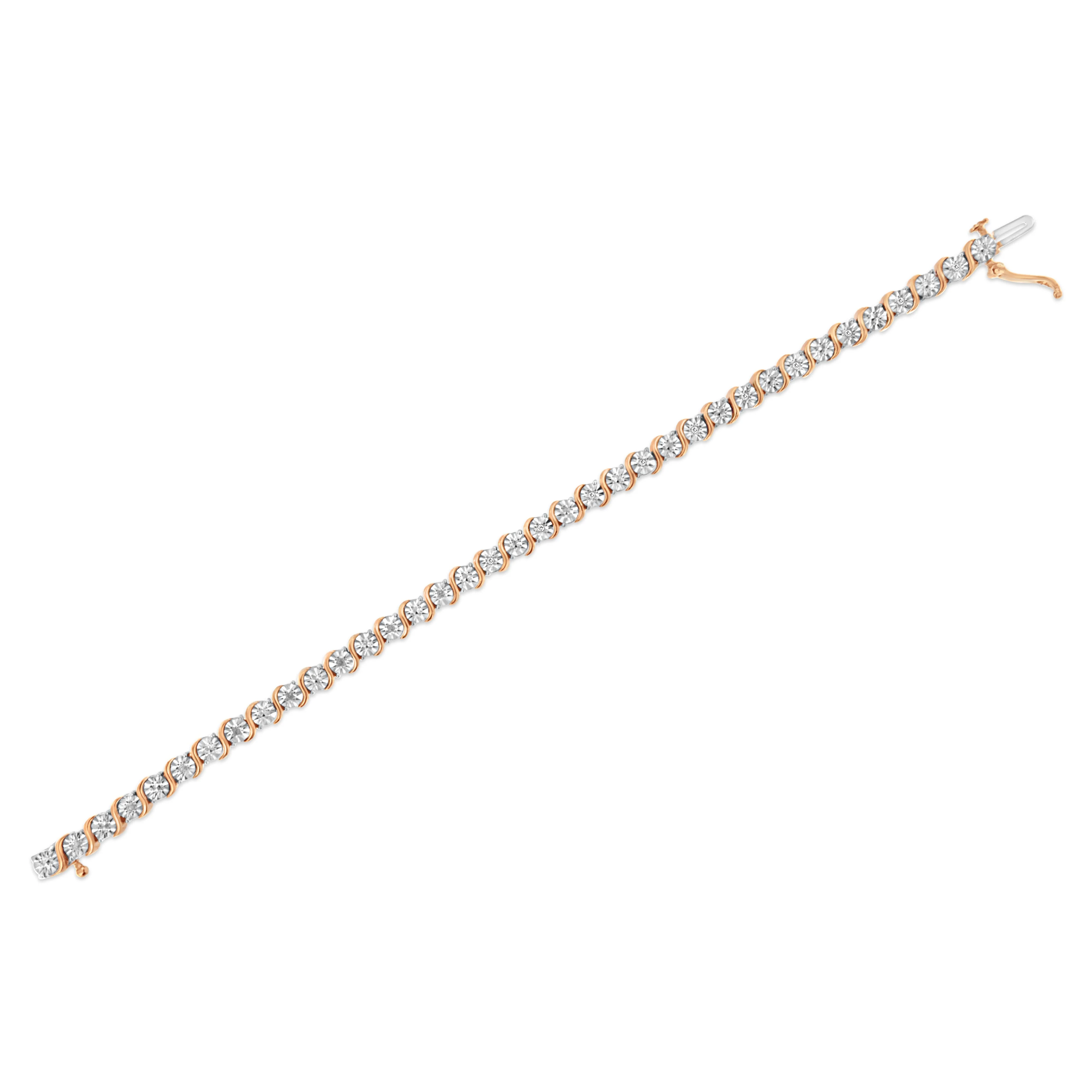 14K Rose Gold Plated .925 Sterling Silver 1/10 Cttw Diamond Round Miracle Plate and "S" Link Tennis Bracelet (I-J Color, I2- I3 Clarity) - 7" - Image 7