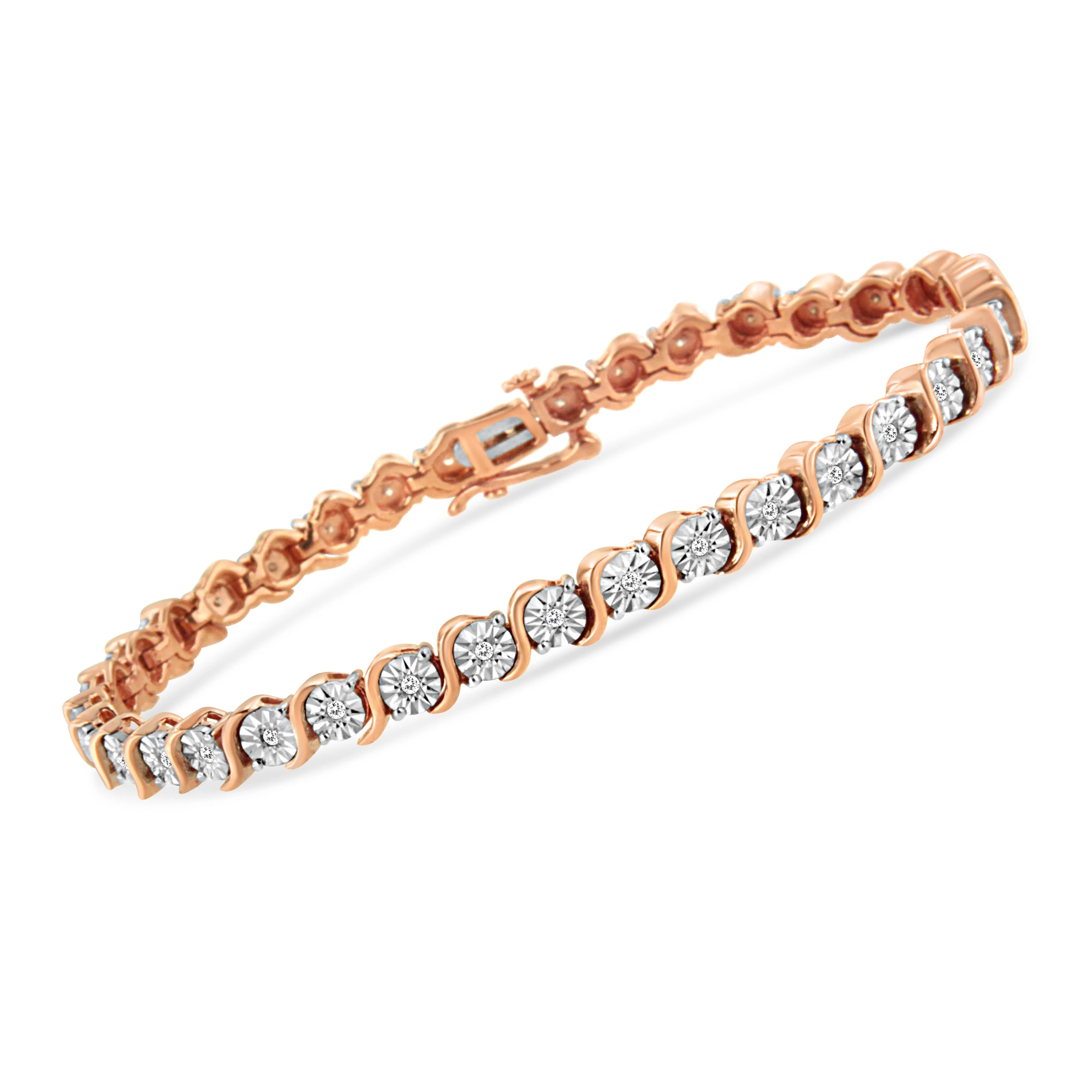 14K Rose Gold Plated .925 Sterling Silver 1/4 Cttw Diamond Round Miracle Plate and "S" Link Tennis Bracelet (I-J Color, I2- I3 Clarity) - 7" - Image 4