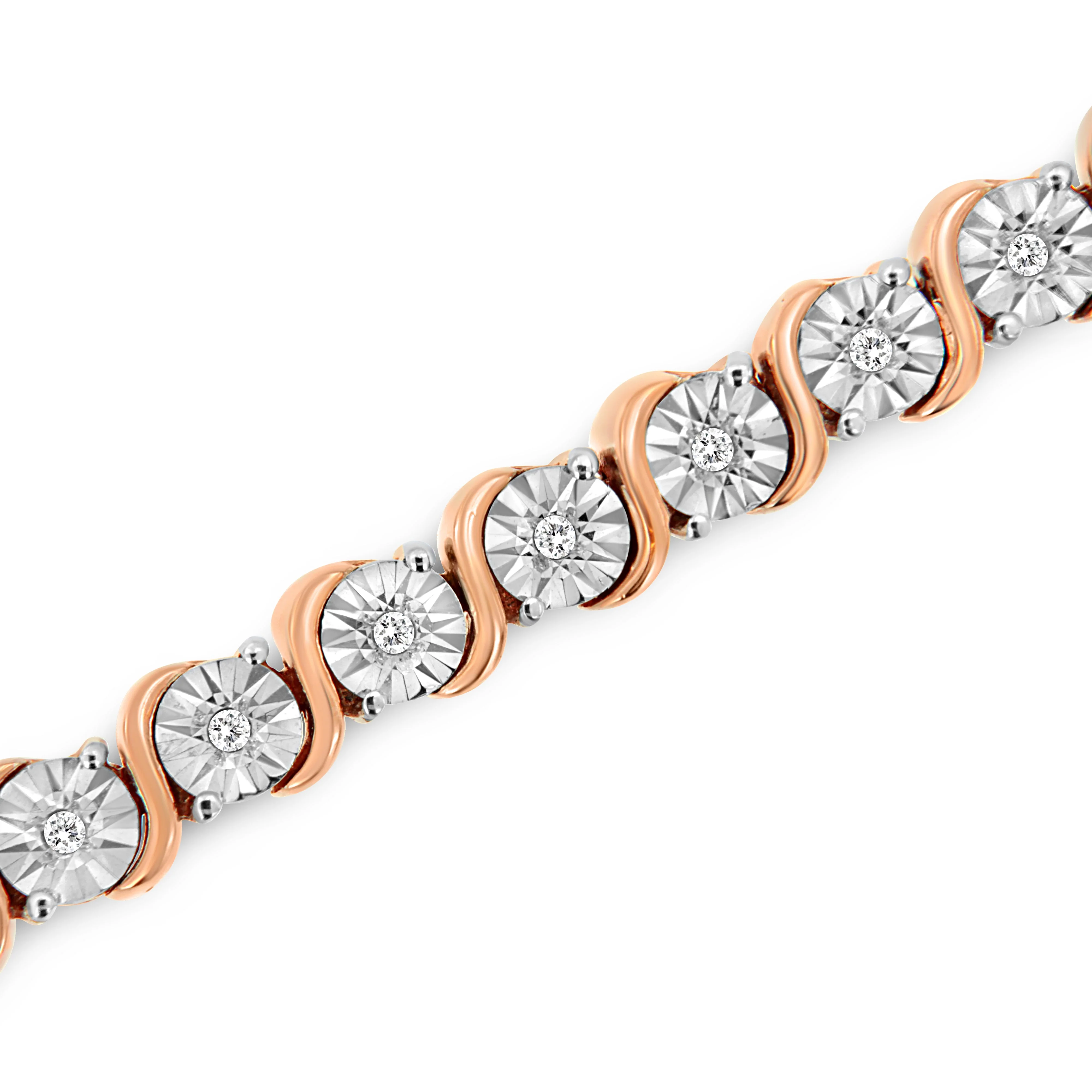 14K Rose Gold Plated .925 Sterling Silver 1/4 Cttw Diamond Round Miracle Plate and "S" Link Tennis Bracelet (I-J Color, I2- I3 Clarity) - 7" - Image 6