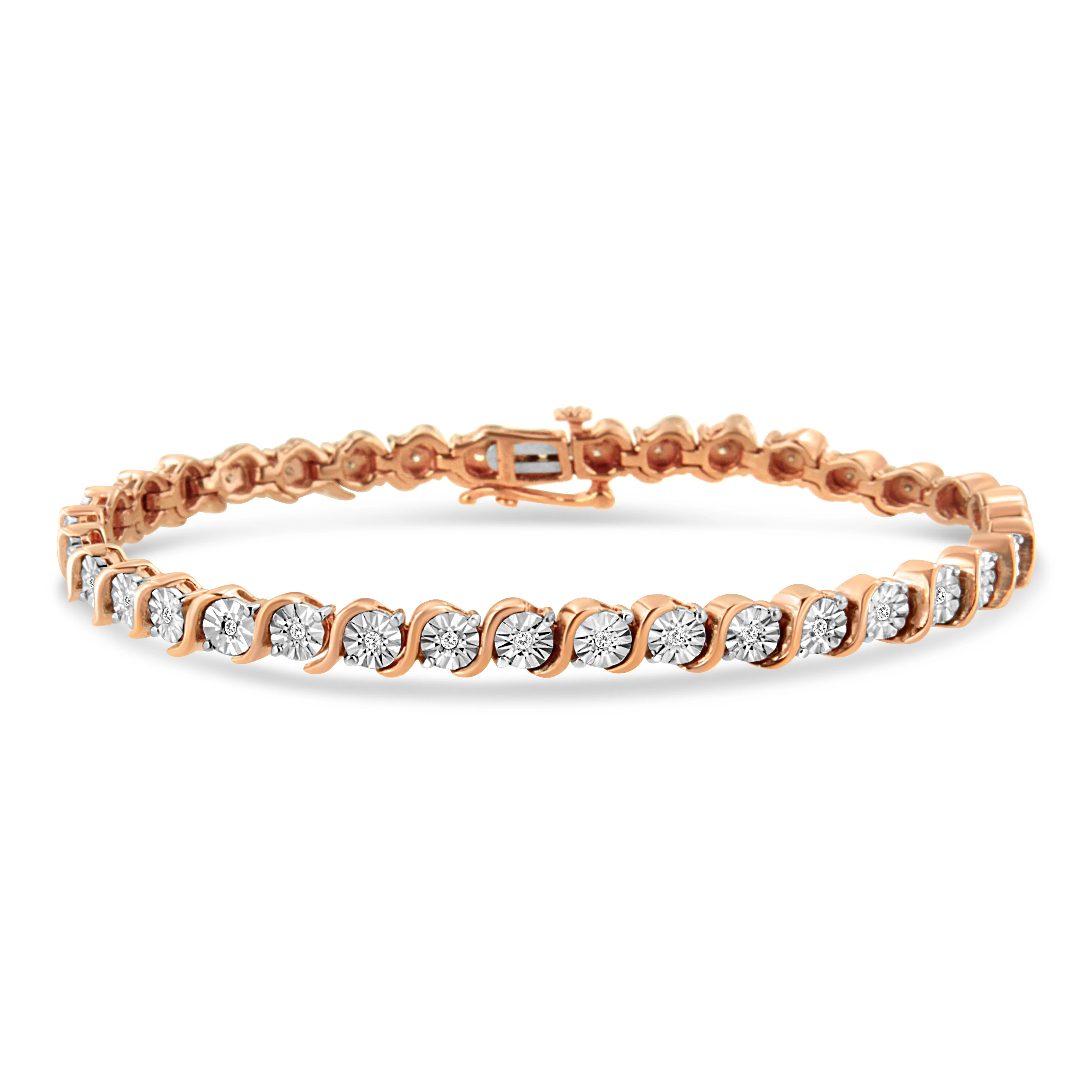 14K Rose Gold Plated .925 Sterling Silver 1/4 Cttw Diamond Round Miracle Plate and "S" Link Tennis Bracelet (I-J Color, I2- I3 Clarity) - 7" - Image 8