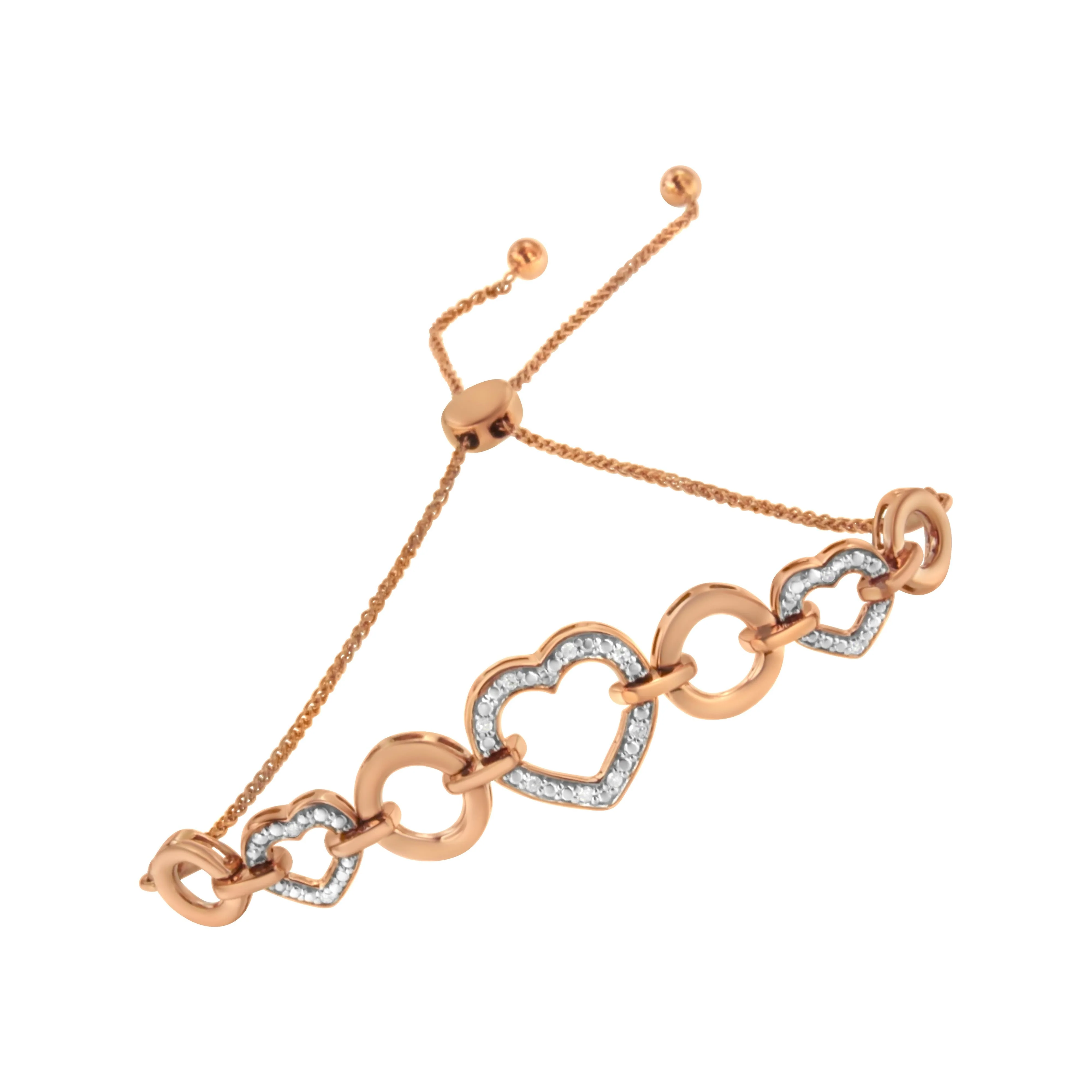 14K Rose Gold Plated .925 Sterling Silver Diamond Accent Circle and Heart Link Adjustable 6â€-10†Bolo Bracelet - Image 2